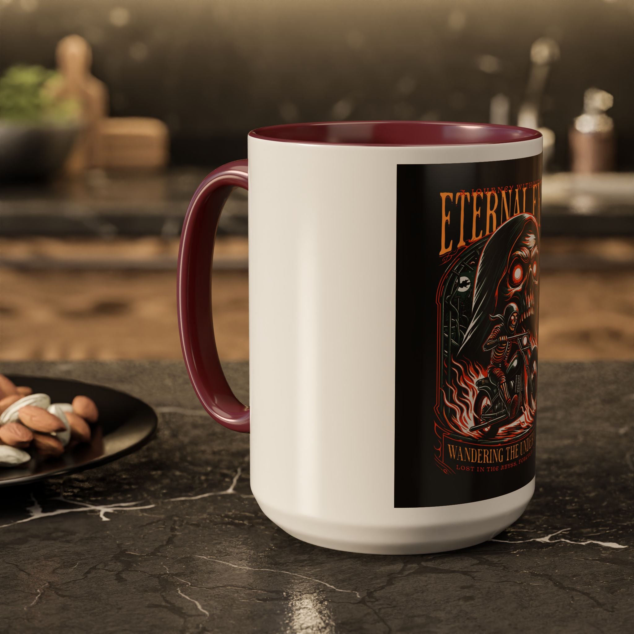 Eternal Exile Skull Biker Mug — Gothic Motorcycle Coffee Cup (11oz/15oz)