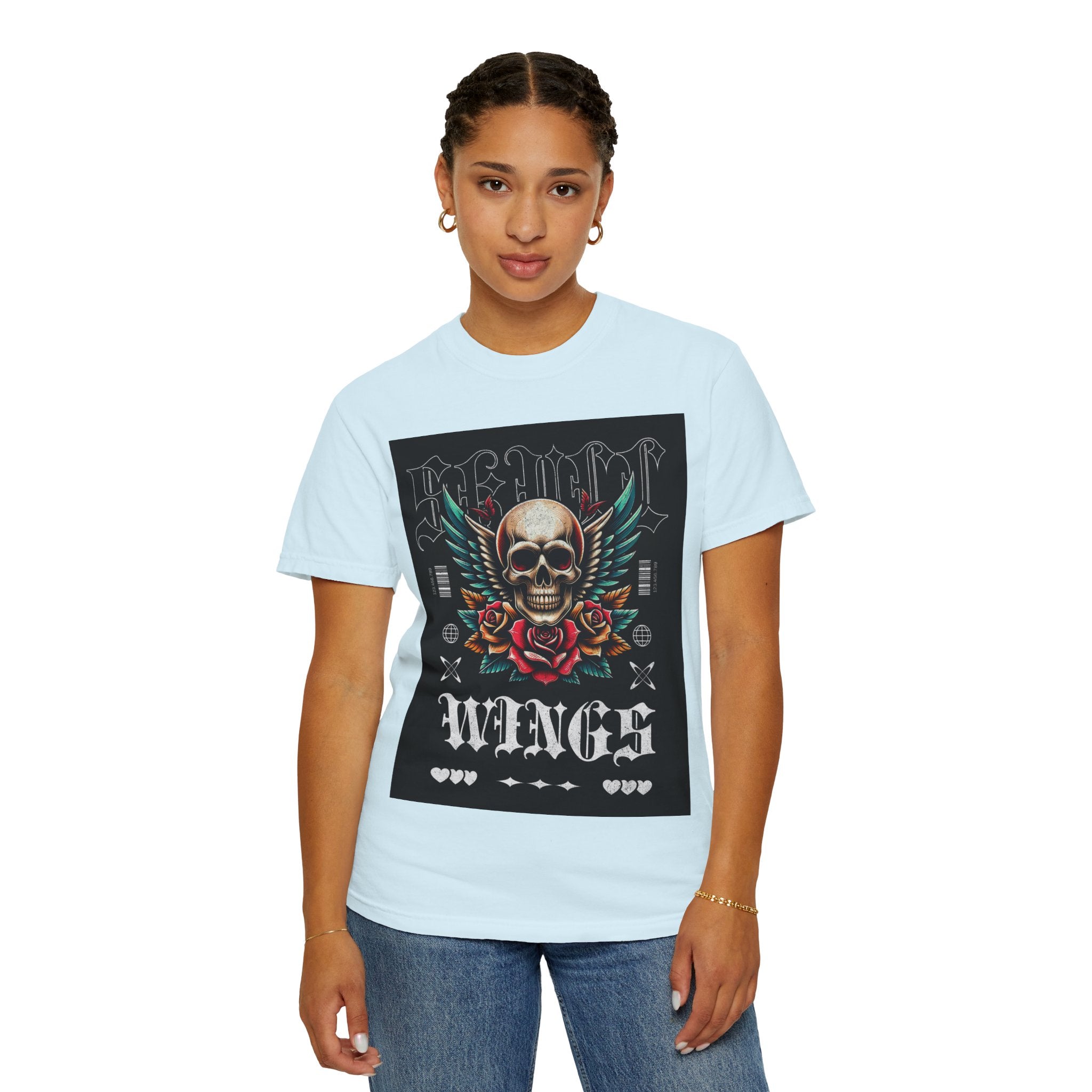 Skull Wings Graphic T-Shirt — Vintage Rock Tattoo Style with Roses