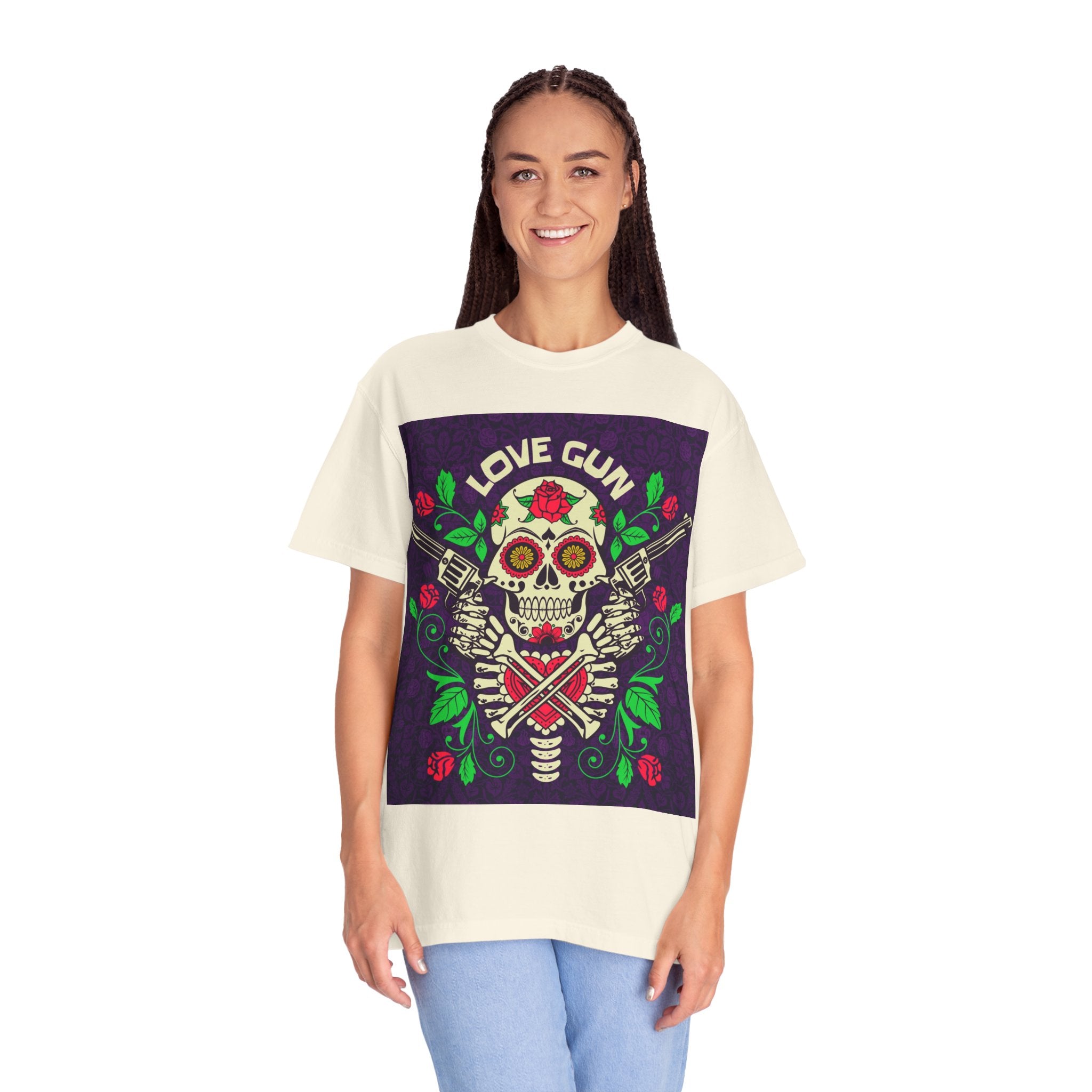 Love Gun Skull T‑Shirt — Day of the Dead Floral Graphic Tee