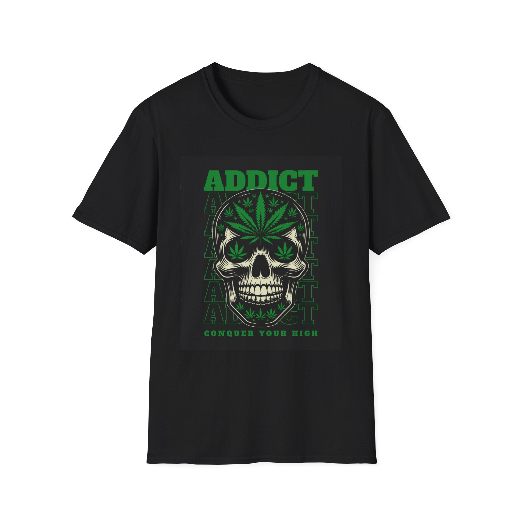 T‑Shirt — "Addict" Skull with Cannabis Leaf Graphic