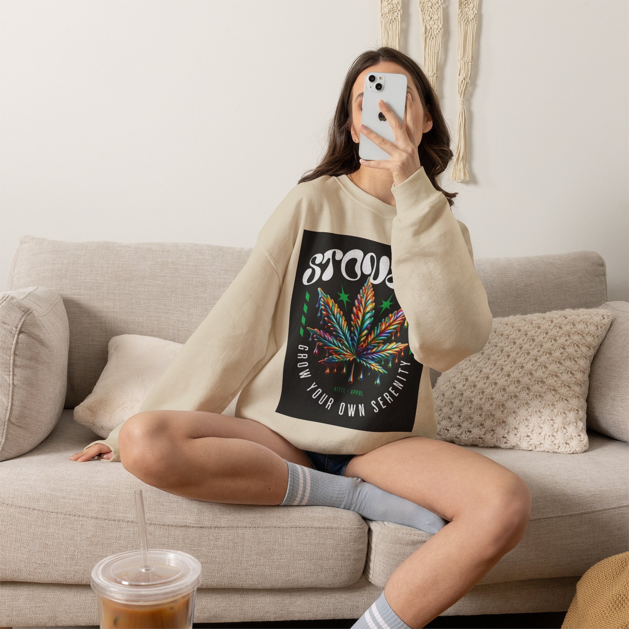 Sweatshirt — Stoner 'Grow Your Own Serenity' Colorful Cannabis Leaf Crewneck