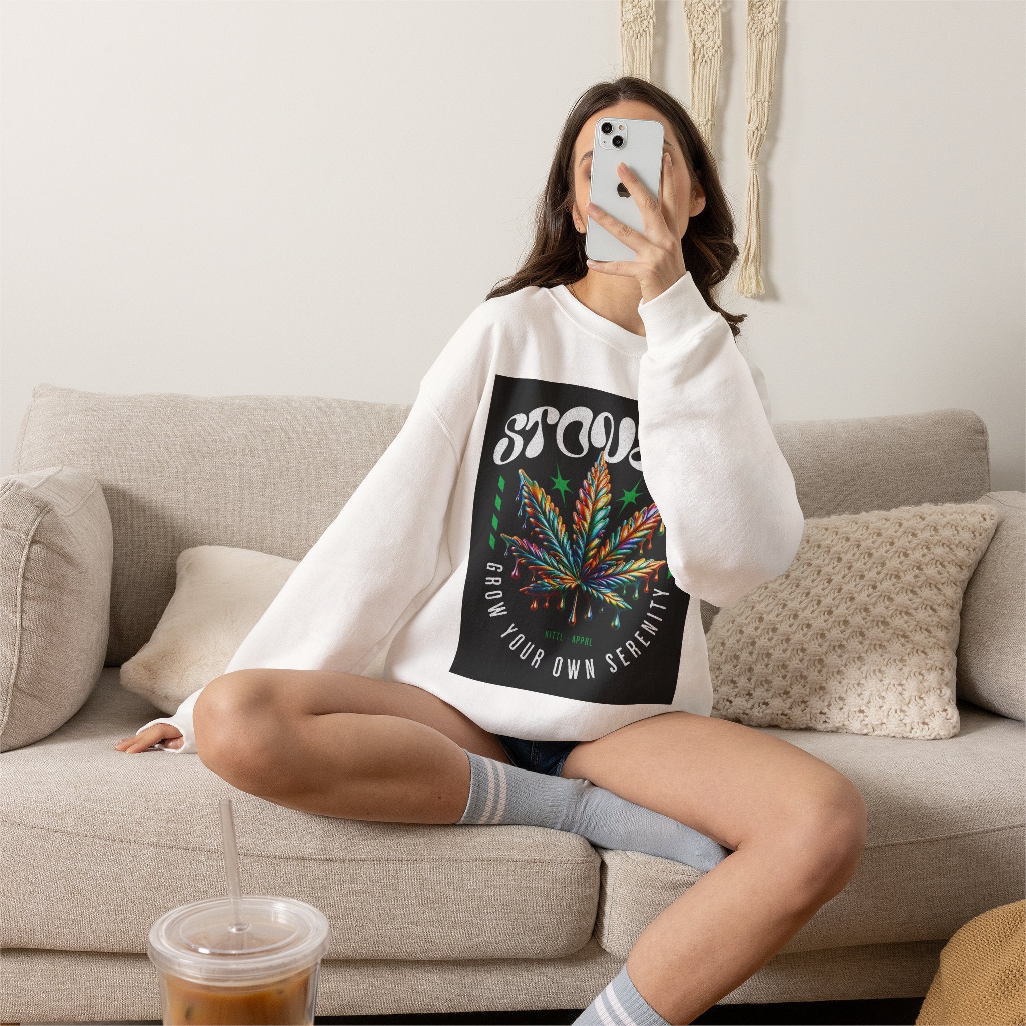 Sweatshirt — Stoner 'Grow Your Own Serenity' Colorful Cannabis Leaf Crewneck