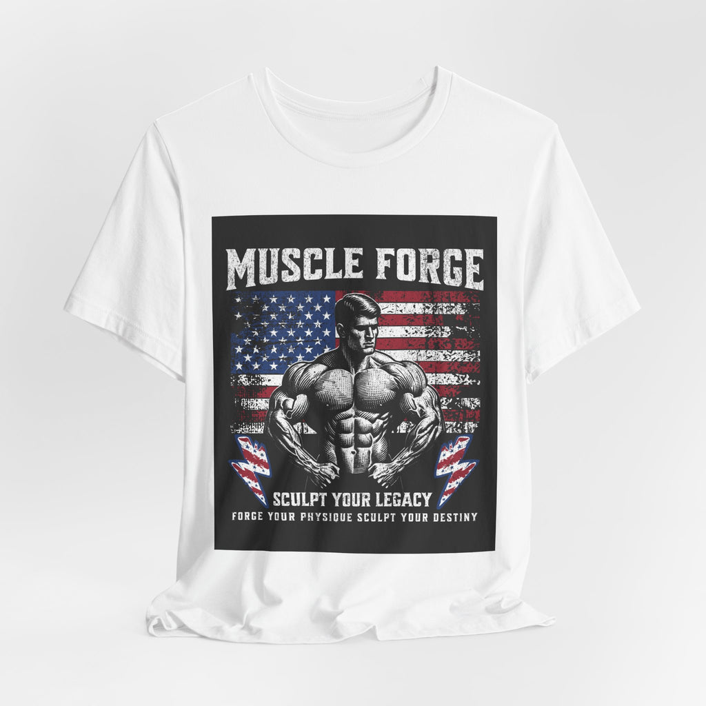 Muscle Forge American Flag Gym Tee — "Sculpt Your Legacy" Fitness T-Shirt