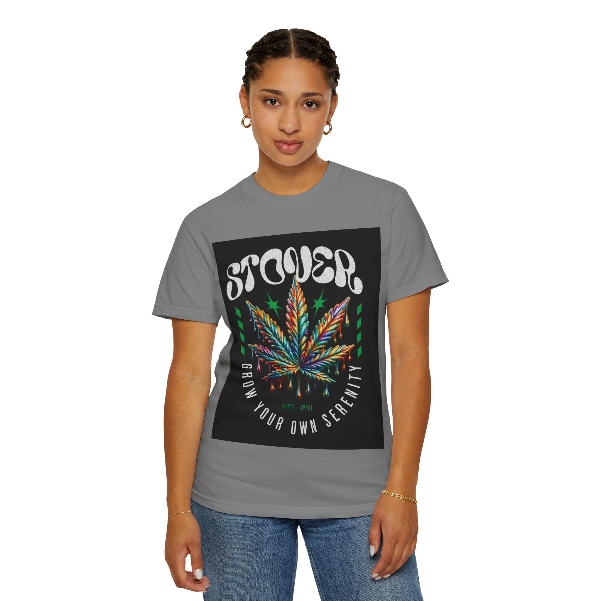T-Shirt — Stover "Grow Your Own Serenity" Colorful Cannabis Leaf Graphic