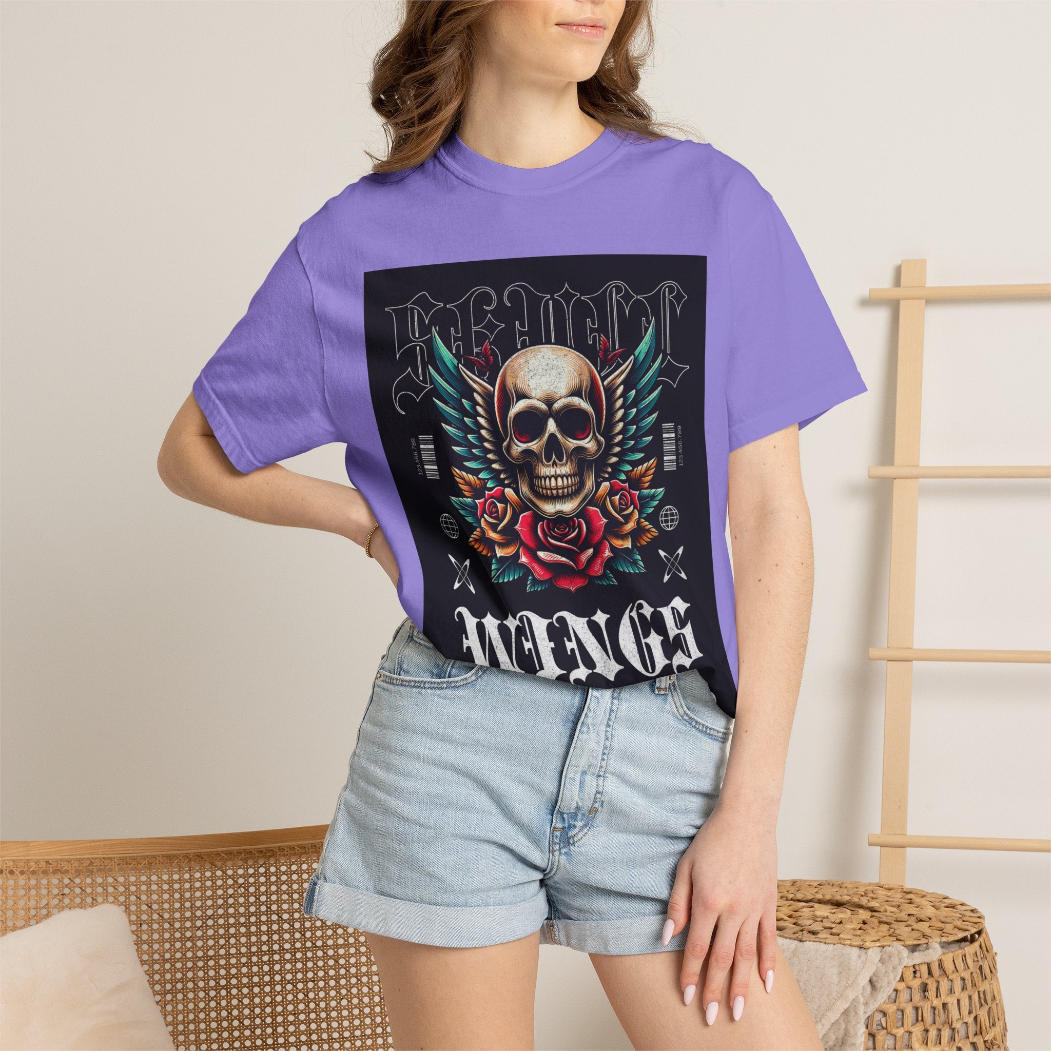 Skull Wings Graphic T-Shirt — Vintage Rock Tattoo Style with Roses