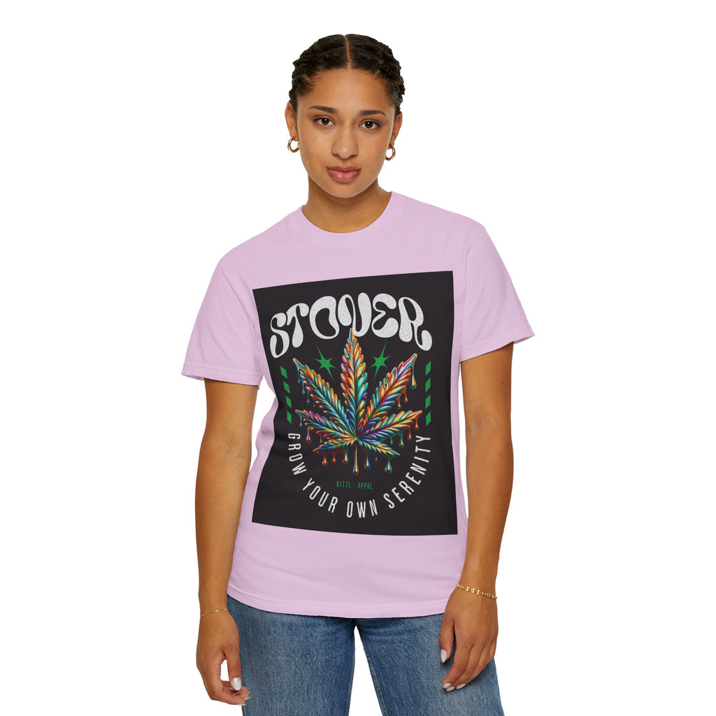 T-Shirt — Stover "Grow Your Own Serenity" Colorful Cannabis Leaf Graphic