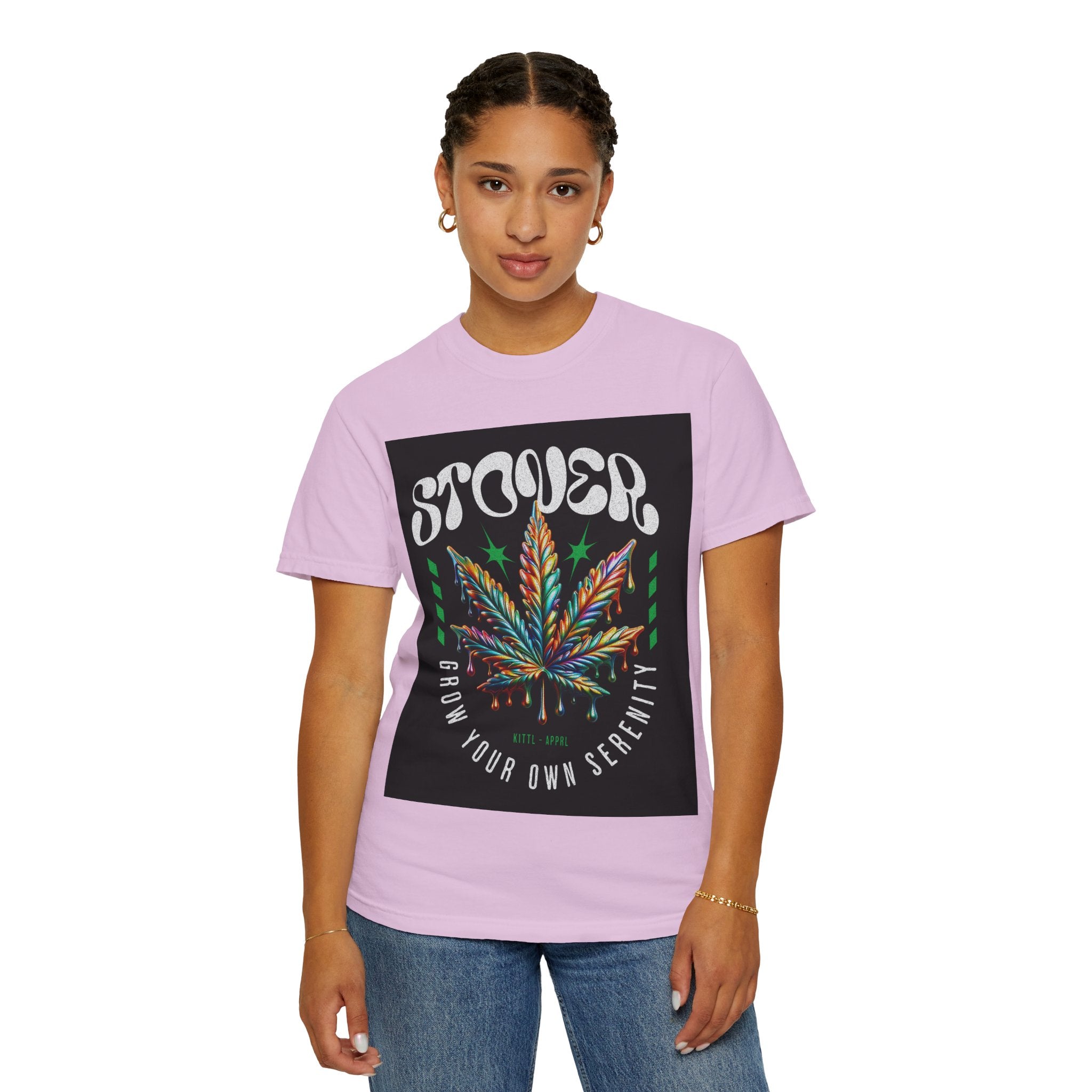 T-Shirt — Stover "Grow Your Own Serenity" Colorful Cannabis Leaf Graphic
