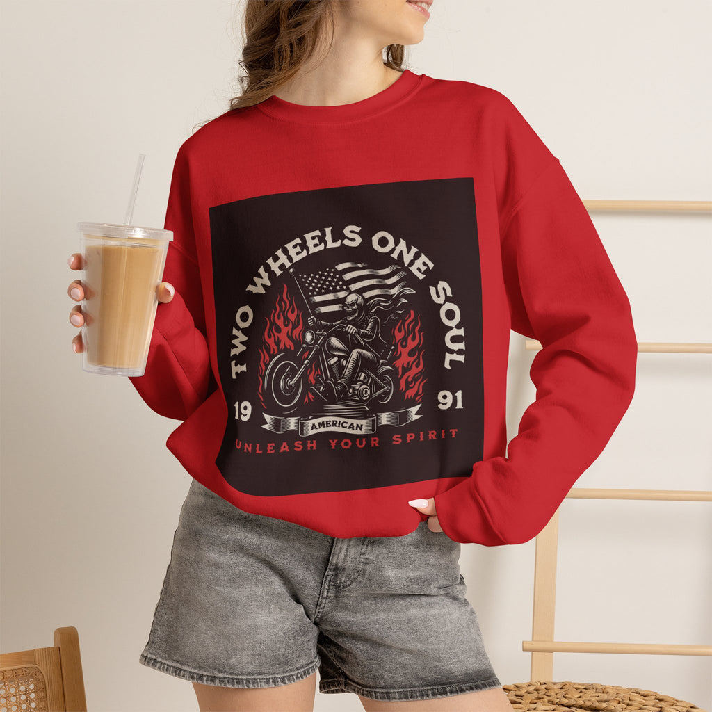 Motorcycle Crewneck Sweatshirt - "Two Wheels One Soul" Vintage Bike Graphic