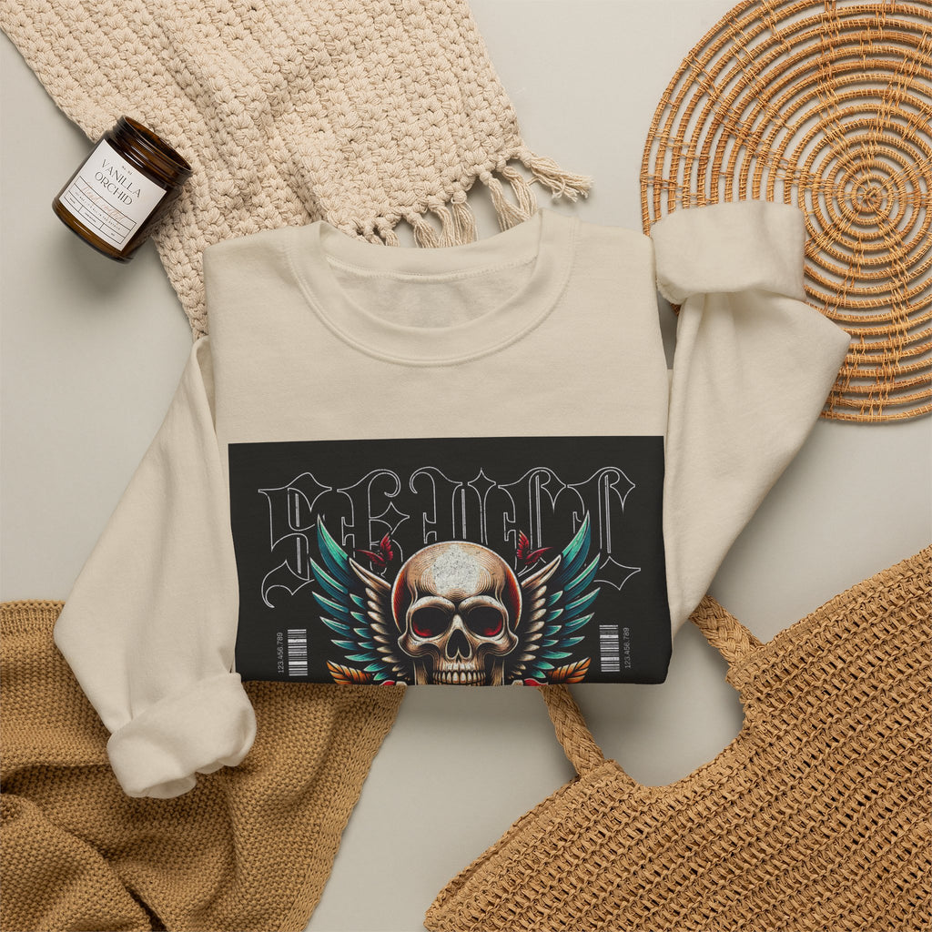 Skull Wings Crewneck Sweatshirt — Vintage Tattoo Skull with Rose Graphic