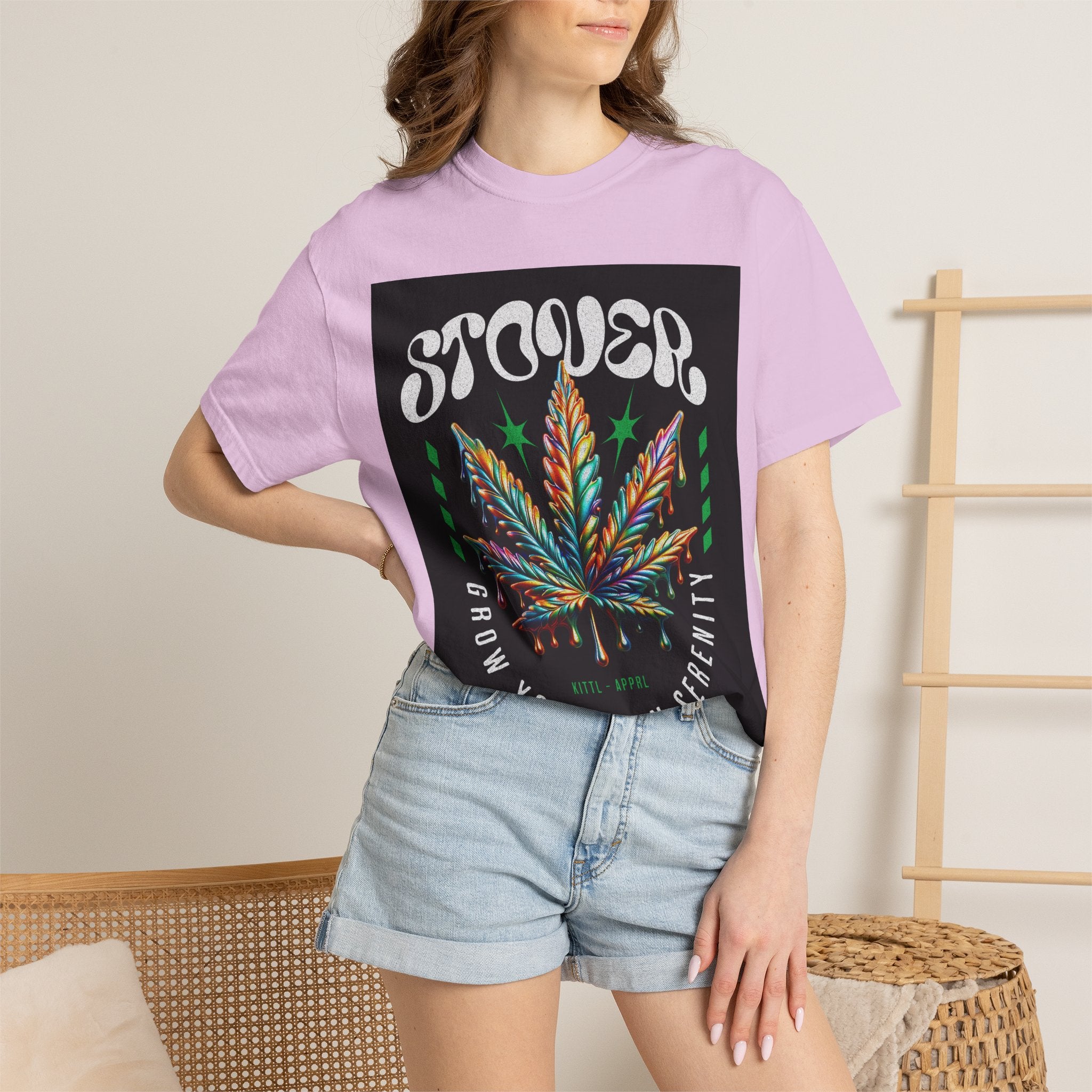 T-Shirt — Stover "Grow Your Own Serenity" Colorful Cannabis Leaf Graphic