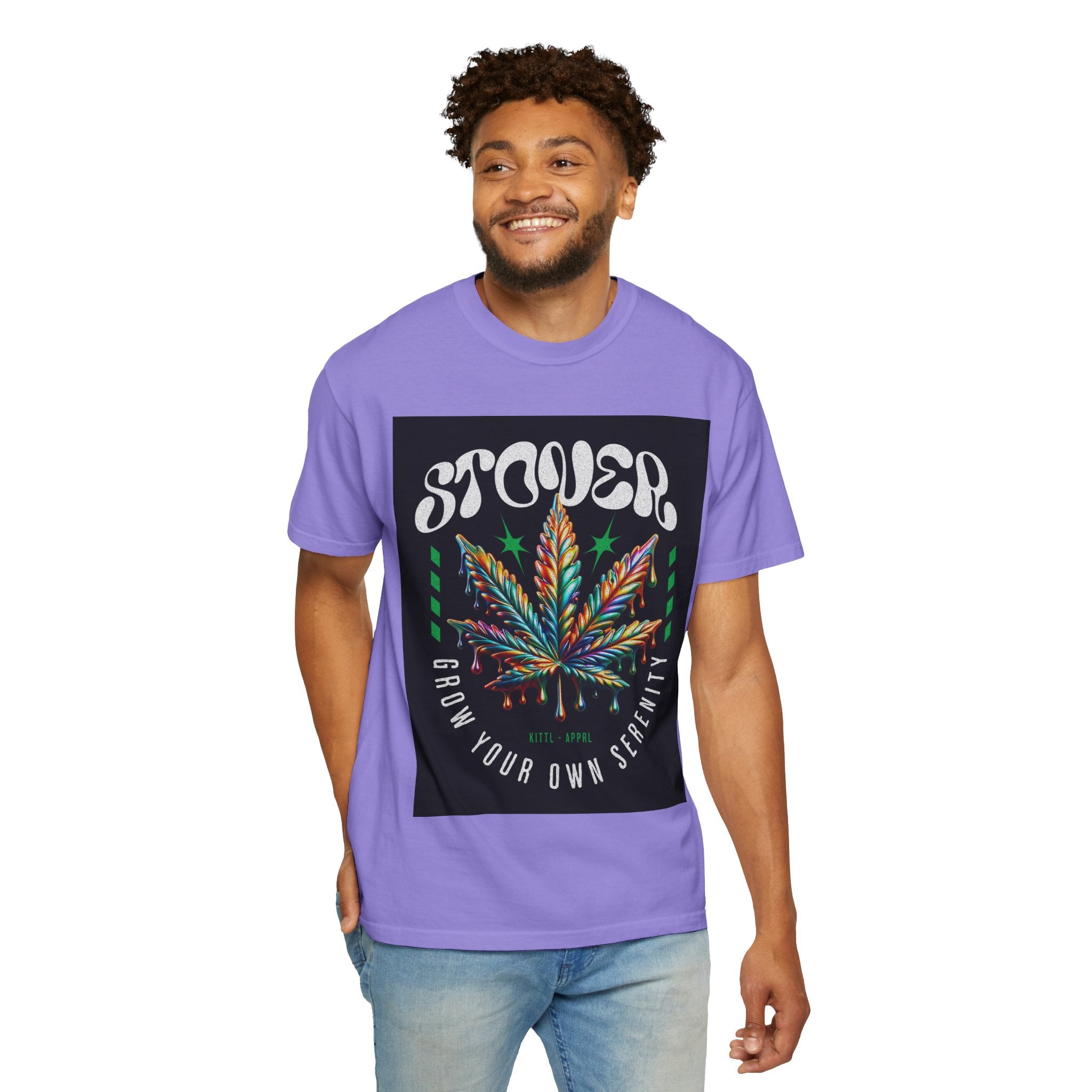 T-Shirt — Stover "Grow Your Own Serenity" Colorful Cannabis Leaf Graphic