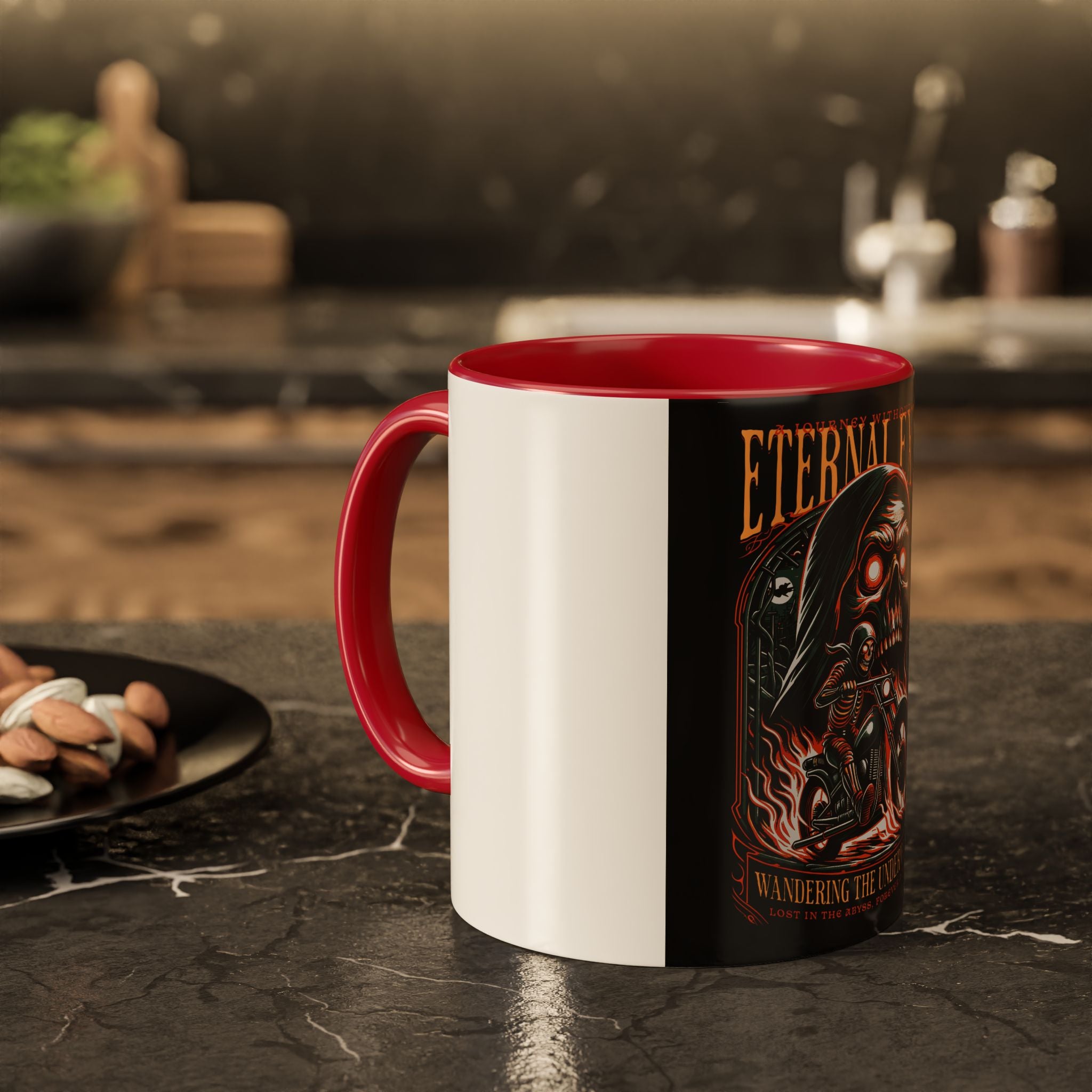 Eternal Exile Skull Biker Mug — Gothic Motorcycle Coffee Cup (11oz/15oz)