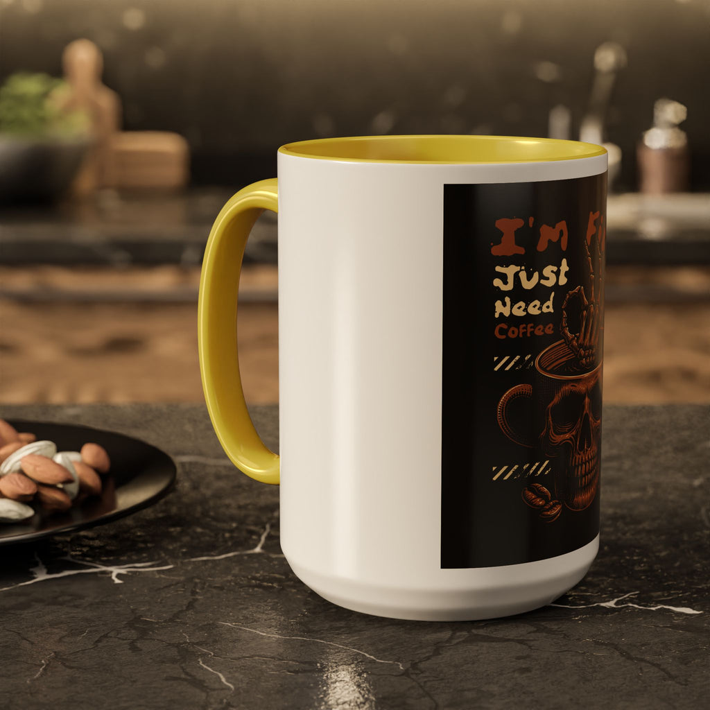 Skull Coffee Mug – "I'm Fine Just Need Coffee" Gothic Ceramic Mug