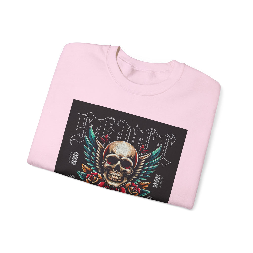 Skull Wings Crewneck Sweatshirt — Vintage Tattoo Skull with Rose Graphic