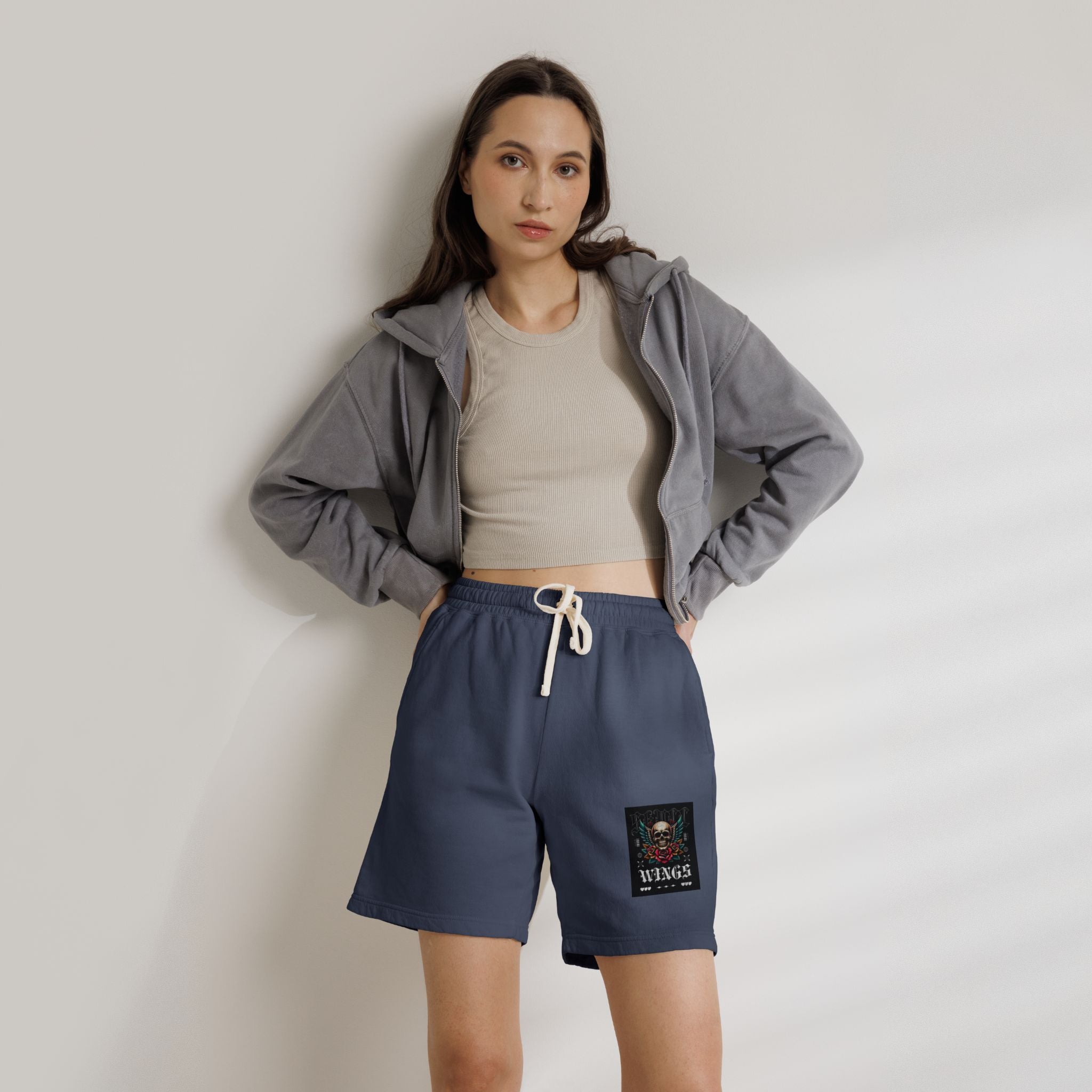 Skull & Wings Fleece Sweat Shorts — Lightweight Garment-Dyed Lounge Shorts