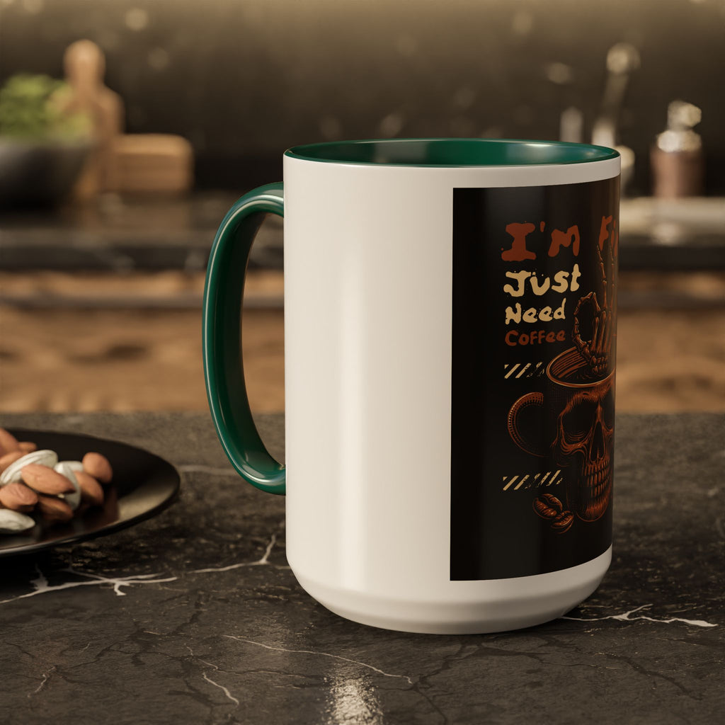 Skull Coffee Mug – "I'm Fine Just Need Coffee" Gothic Ceramic Mug