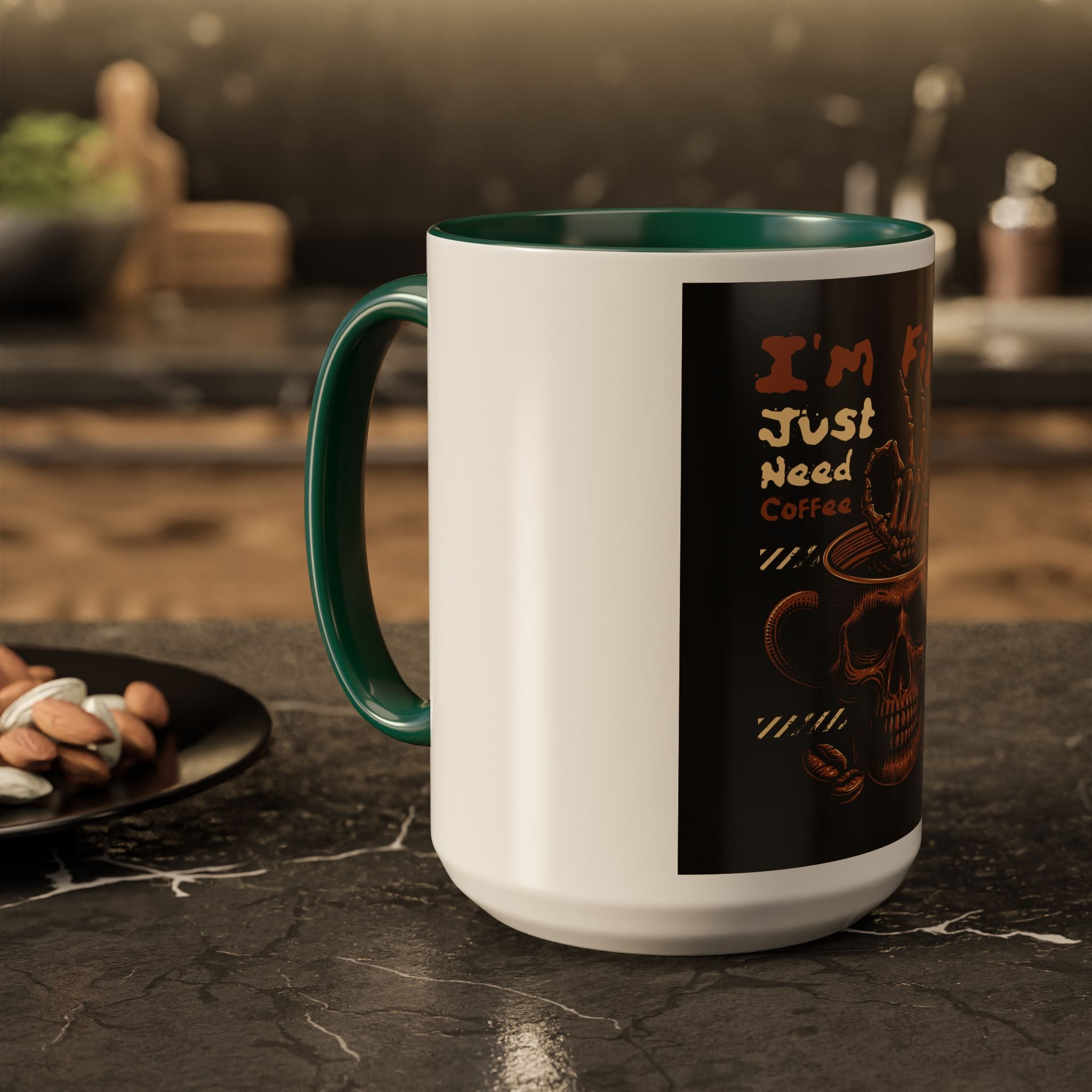 Skull Coffee Mug – "I'm Fine Just Need Coffee" Gothic Ceramic Mug