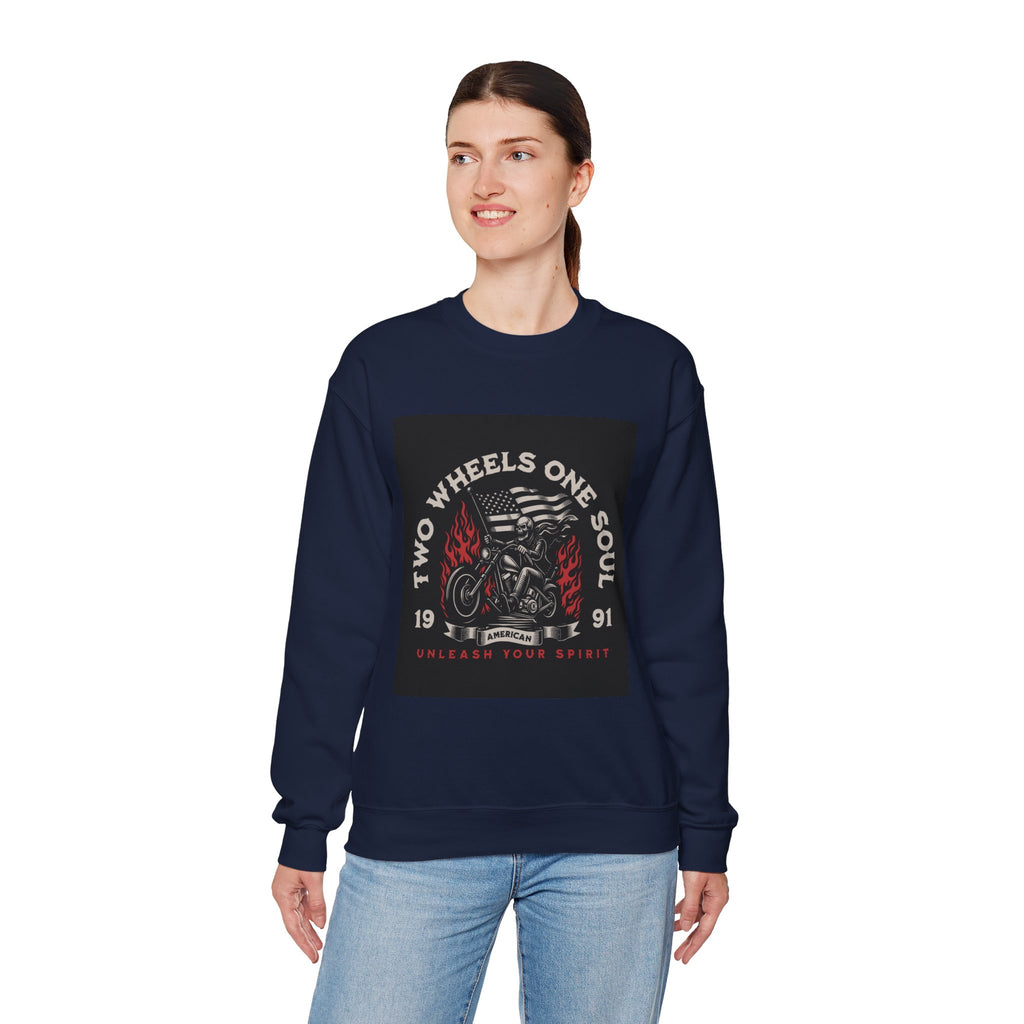 Motorcycle Crewneck Sweatshirt - "Two Wheels One Soul" Vintage Bike Graphic