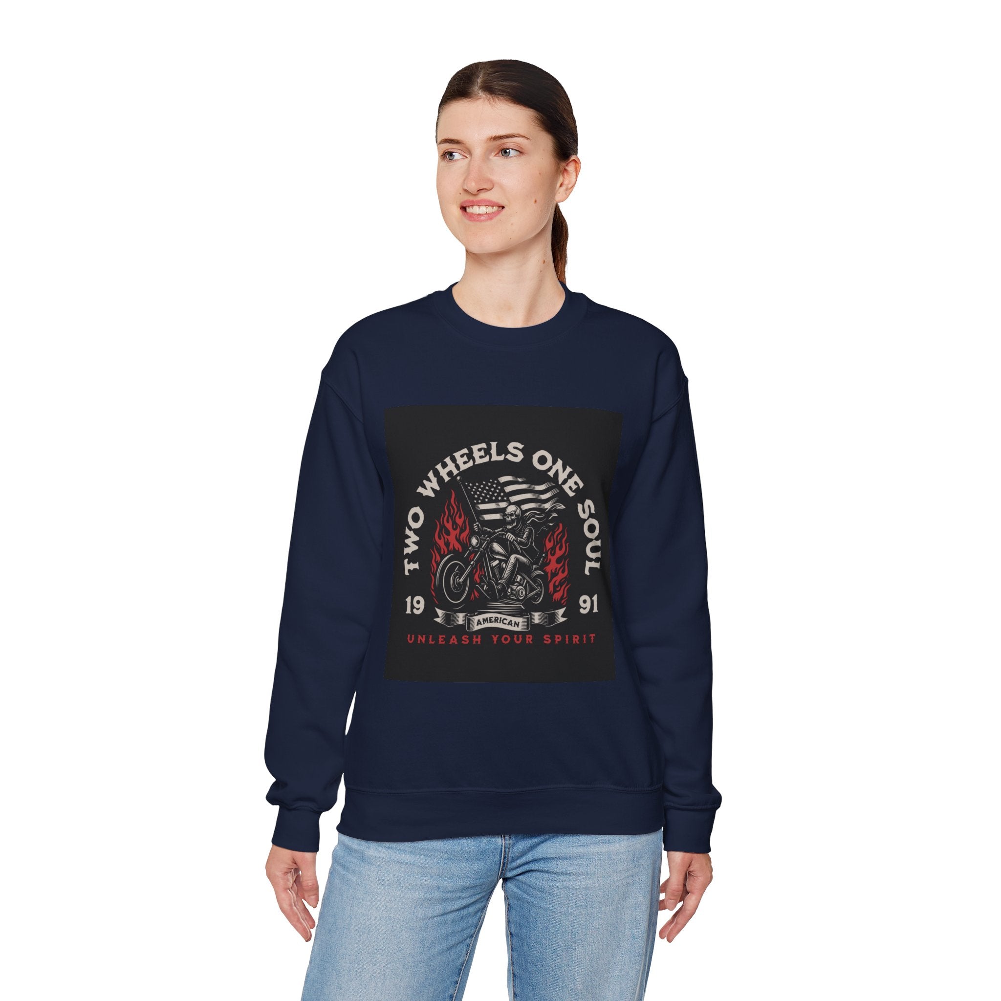 Motorcycle Crewneck Sweatshirt - "Two Wheels One Soul" Vintage Bike Graphic