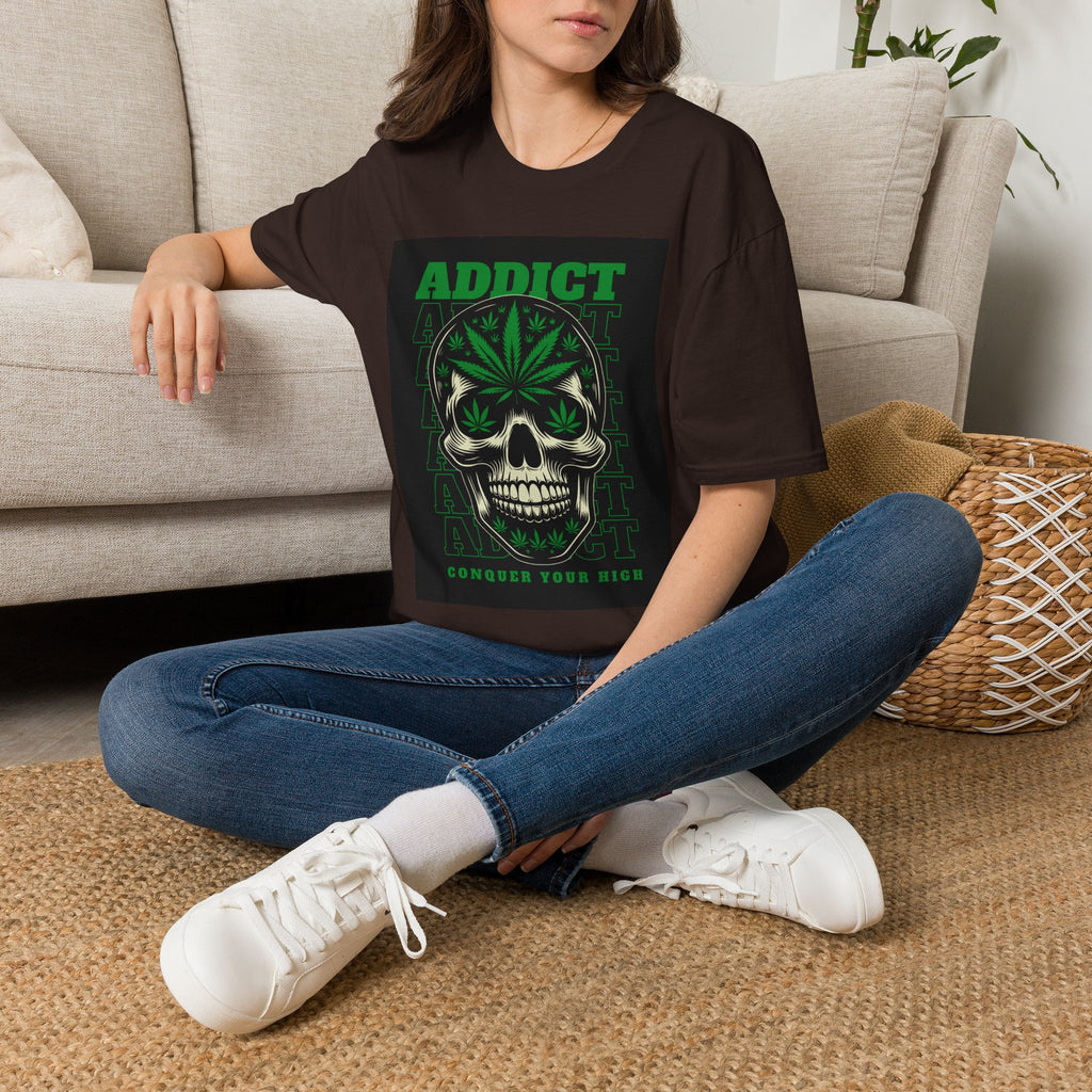 T‑Shirt — "Addict" Skull with Cannabis Leaf Graphic