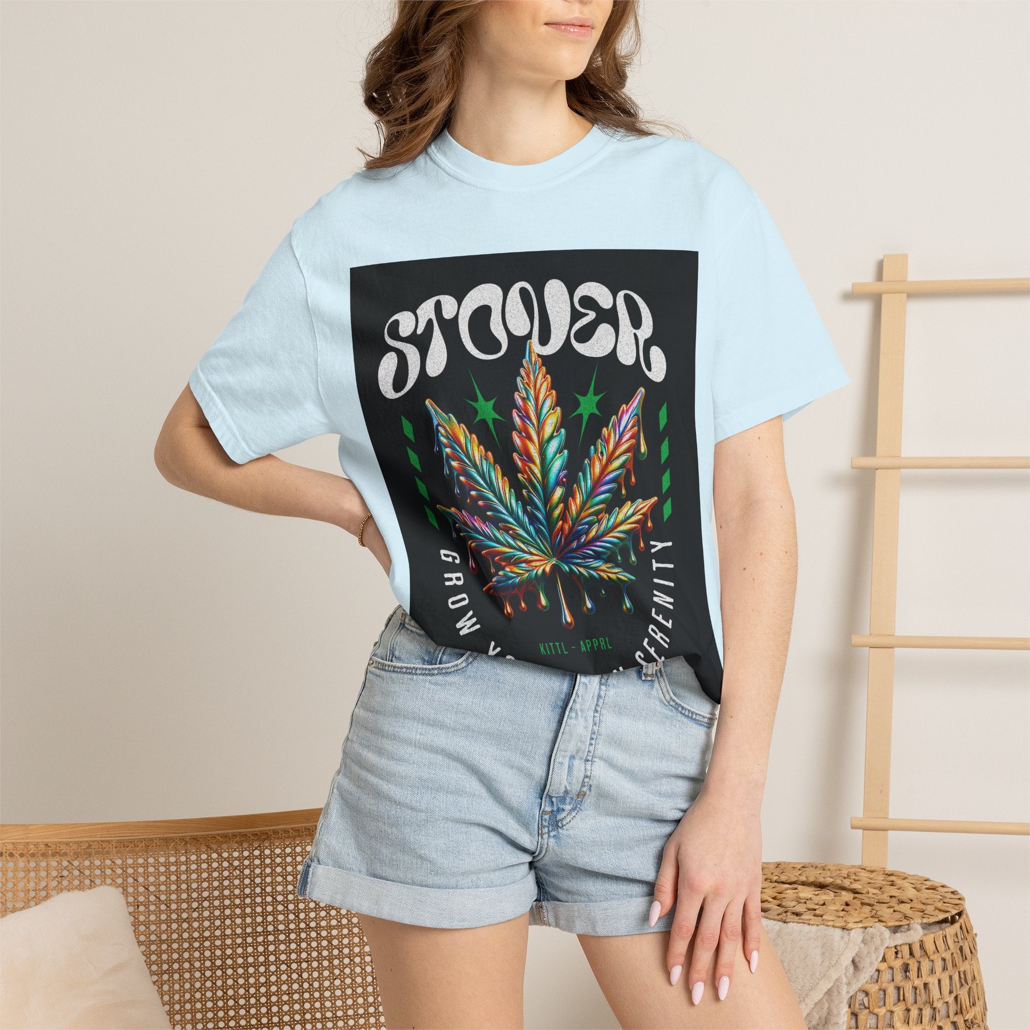 T-Shirt — Stover "Grow Your Own Serenity" Colorful Cannabis Leaf Graphic