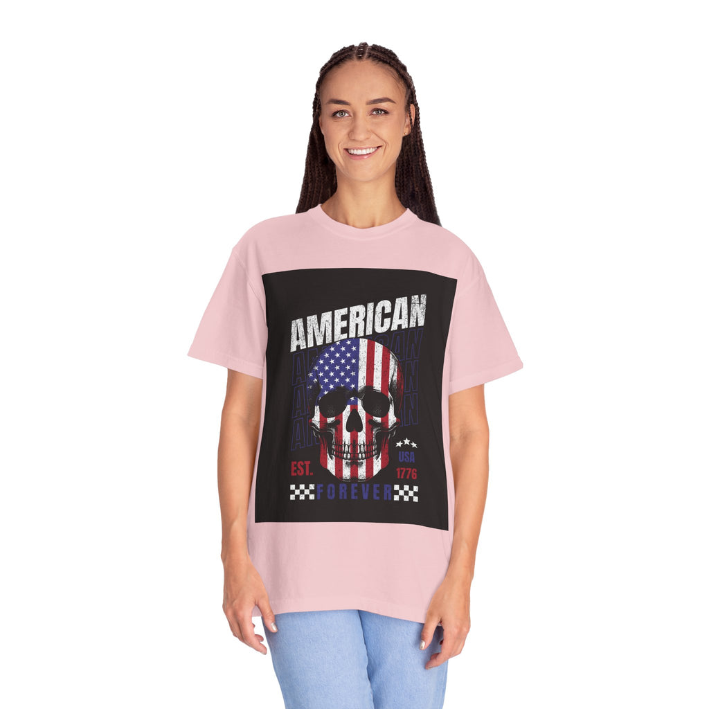 American Skull Flag T-Shirt — "American Forever" Patriotic Graphic Tee