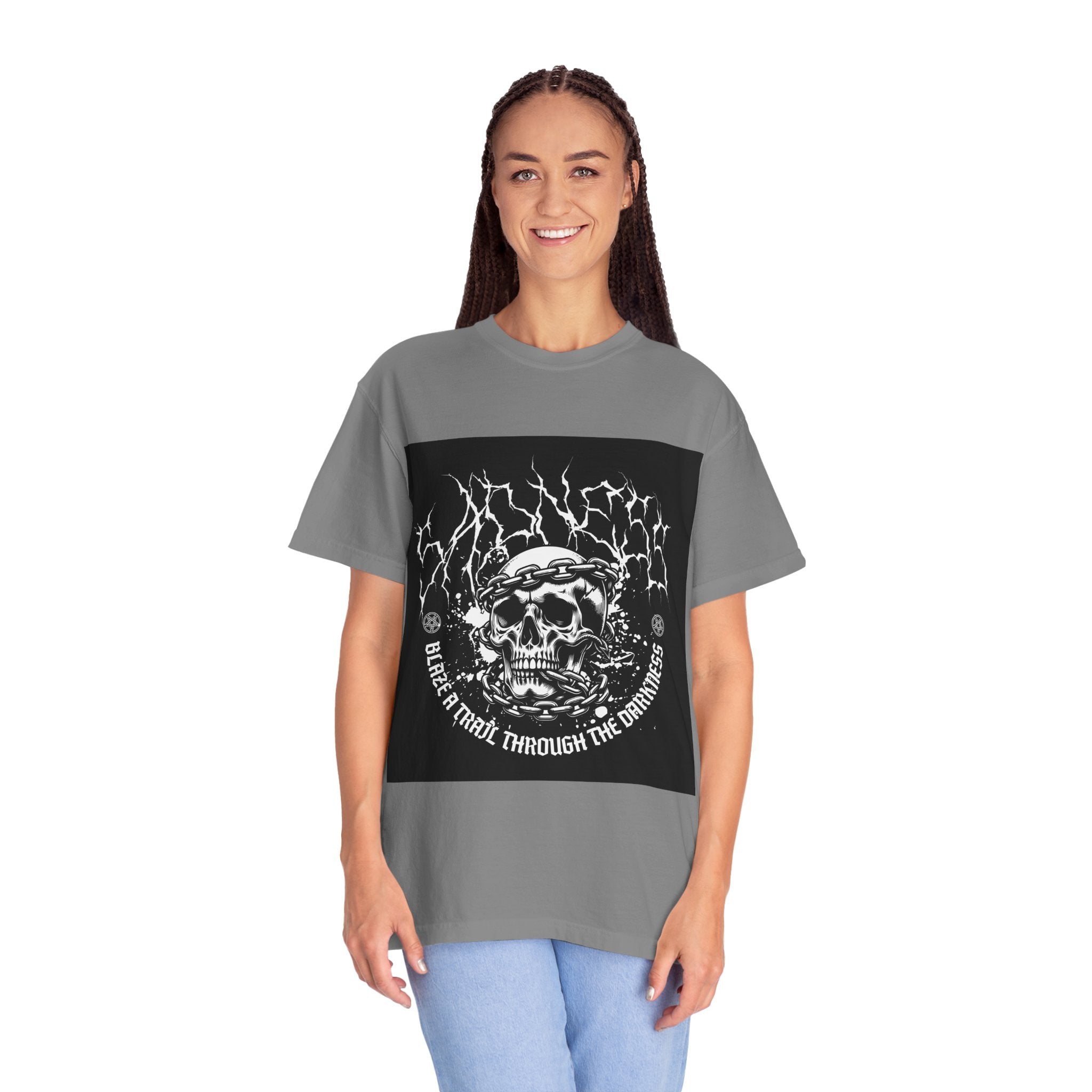 Graphic T-Shirt — 'Break a Path Through the Darkness' Skull Lightning Design