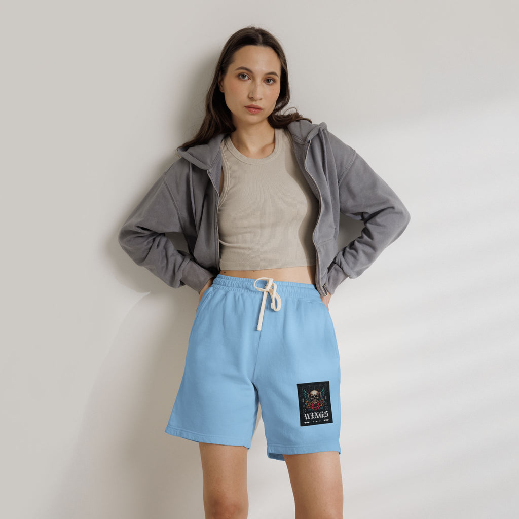 Skull & Wings Fleece Sweat Shorts — Lightweight Garment-Dyed Lounge Shorts