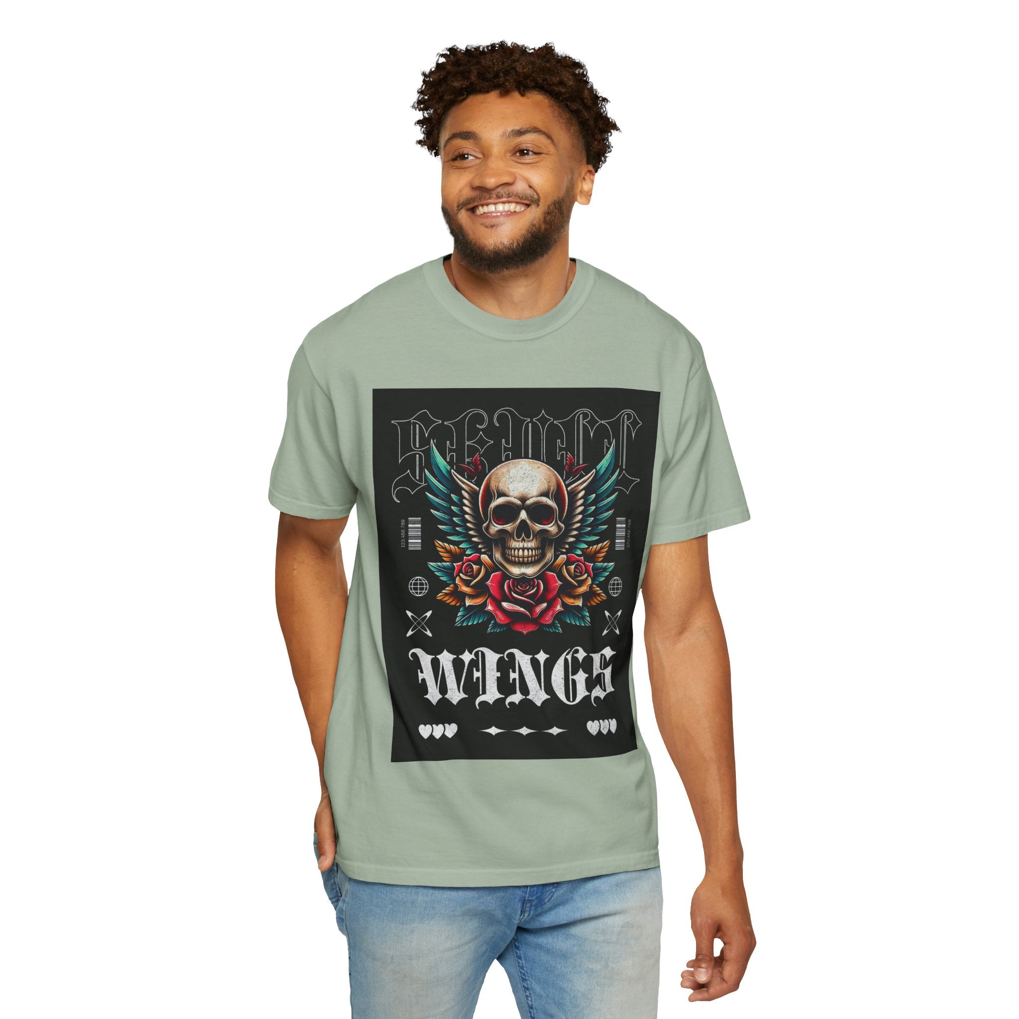 Skull Wings Graphic T-Shirt — Vintage Rock Tattoo Style with Roses