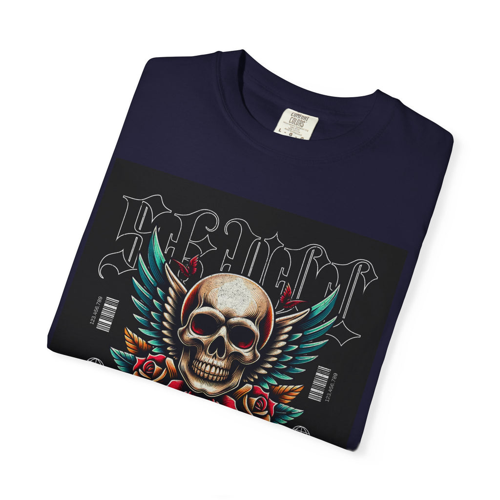 Skull Wings Graphic T-Shirt — Vintage Rock Tattoo Style with Roses