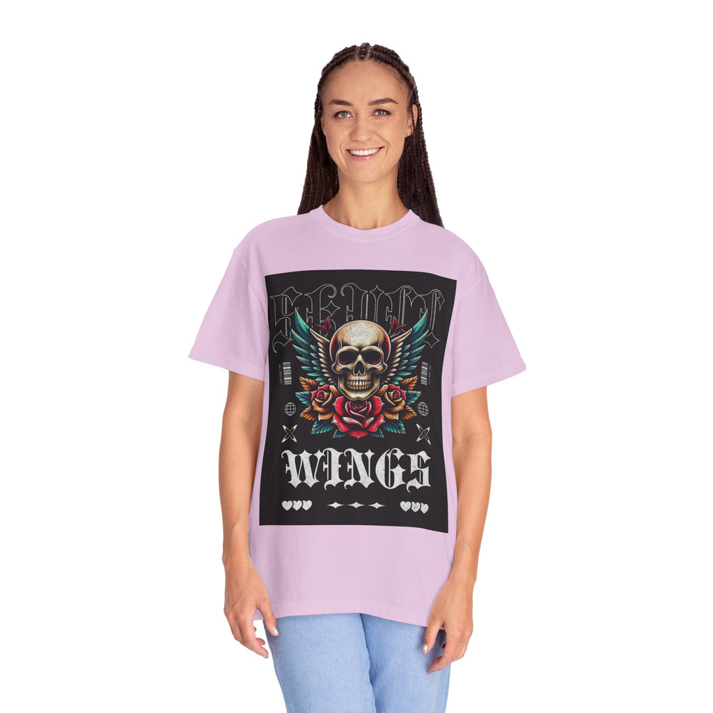 Skull Wings Graphic T-Shirt — Vintage Rock Tattoo Style with Roses