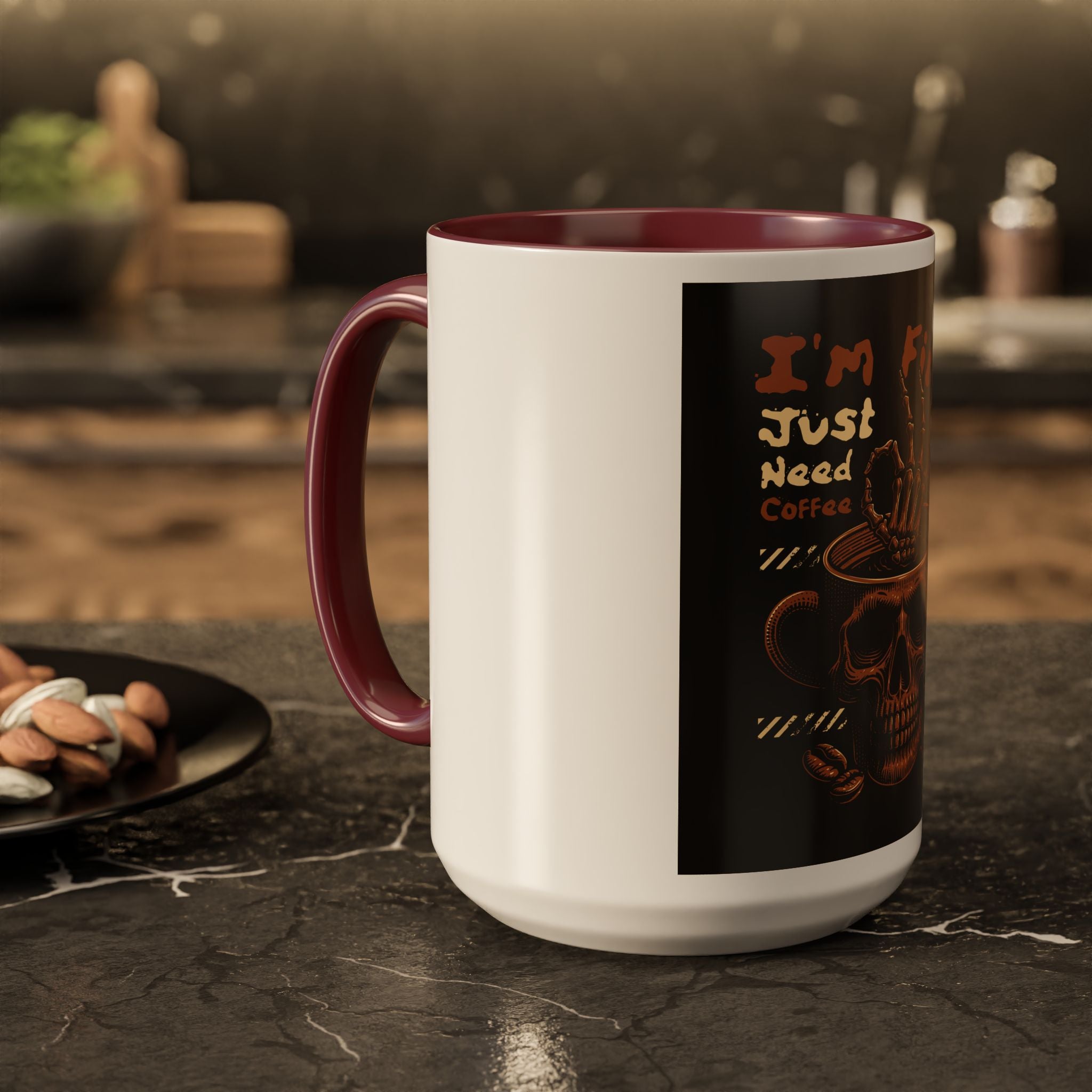 Skull Coffee Mug – "I'm Fine Just Need Coffee" Gothic Ceramic Mug