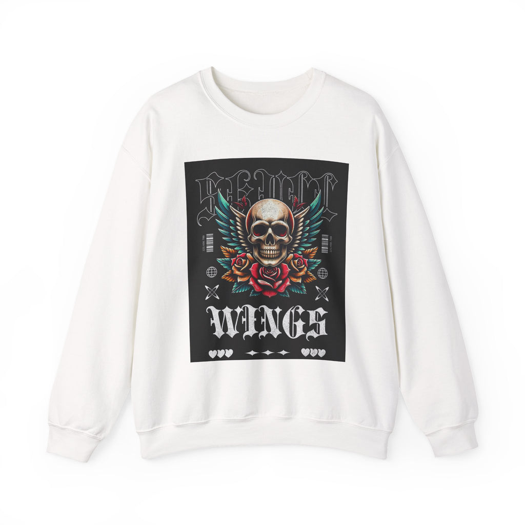 Skull Wings Crewneck Sweatshirt — Vintage Tattoo Skull with Rose Graphic