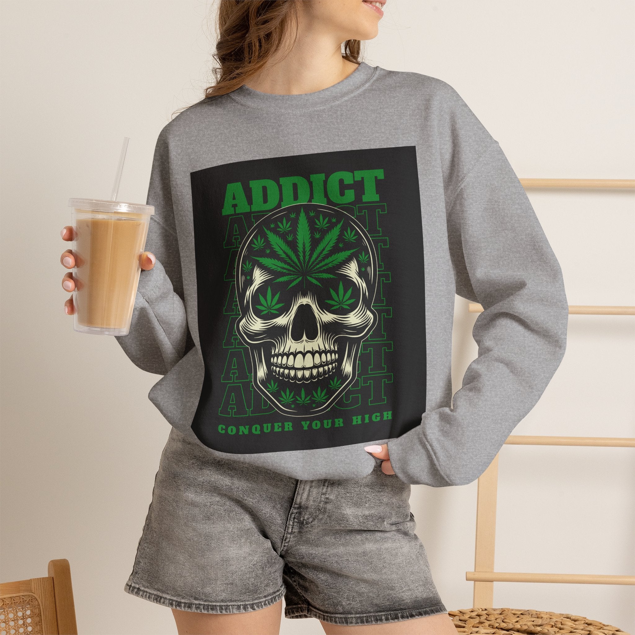 Skull & Cannabis 'Addict' Crewneck Sweatshirt — Conquer Your High Graphic Sweatshirt