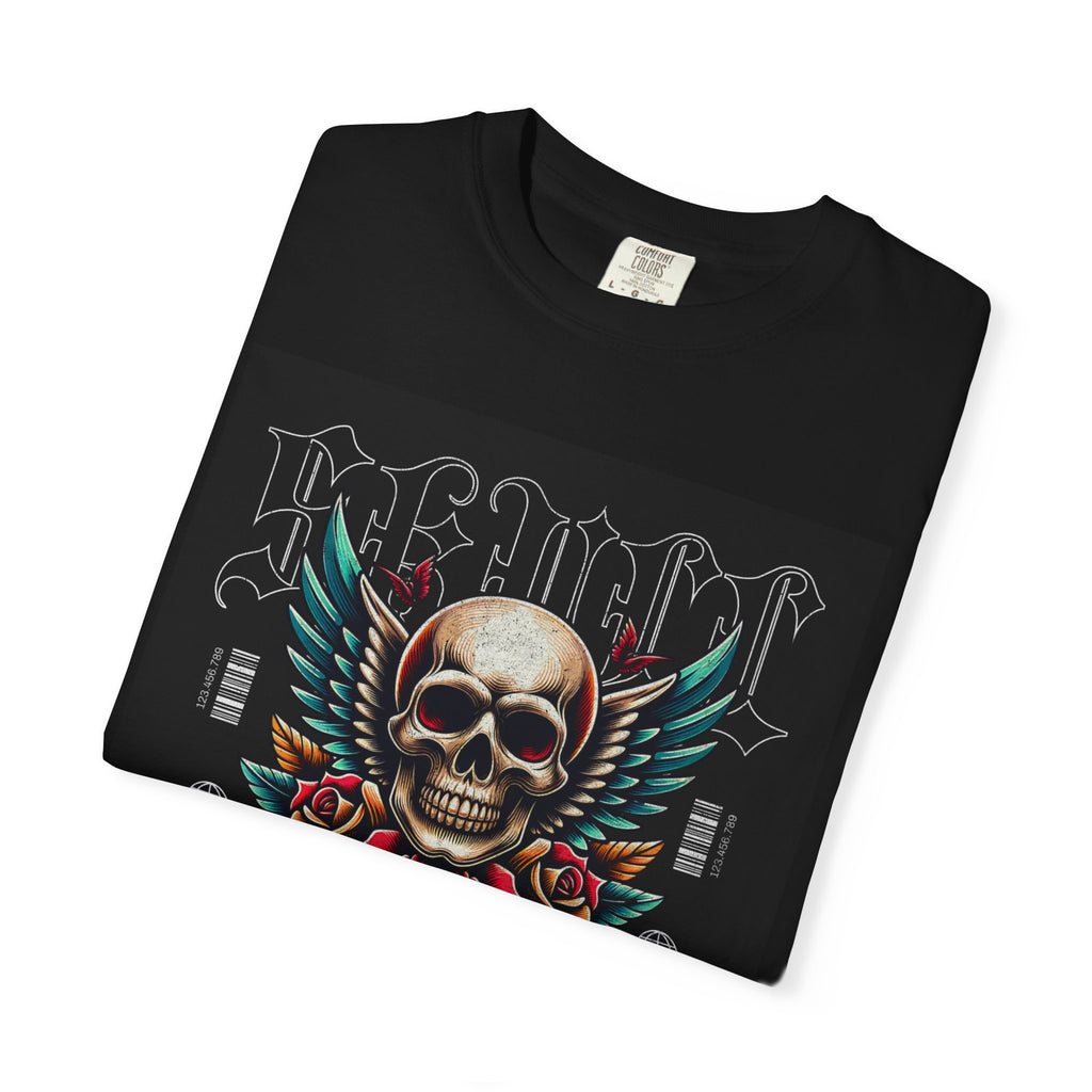 Skull Wings Graphic T-Shirt — Vintage Rock Tattoo Style with Roses