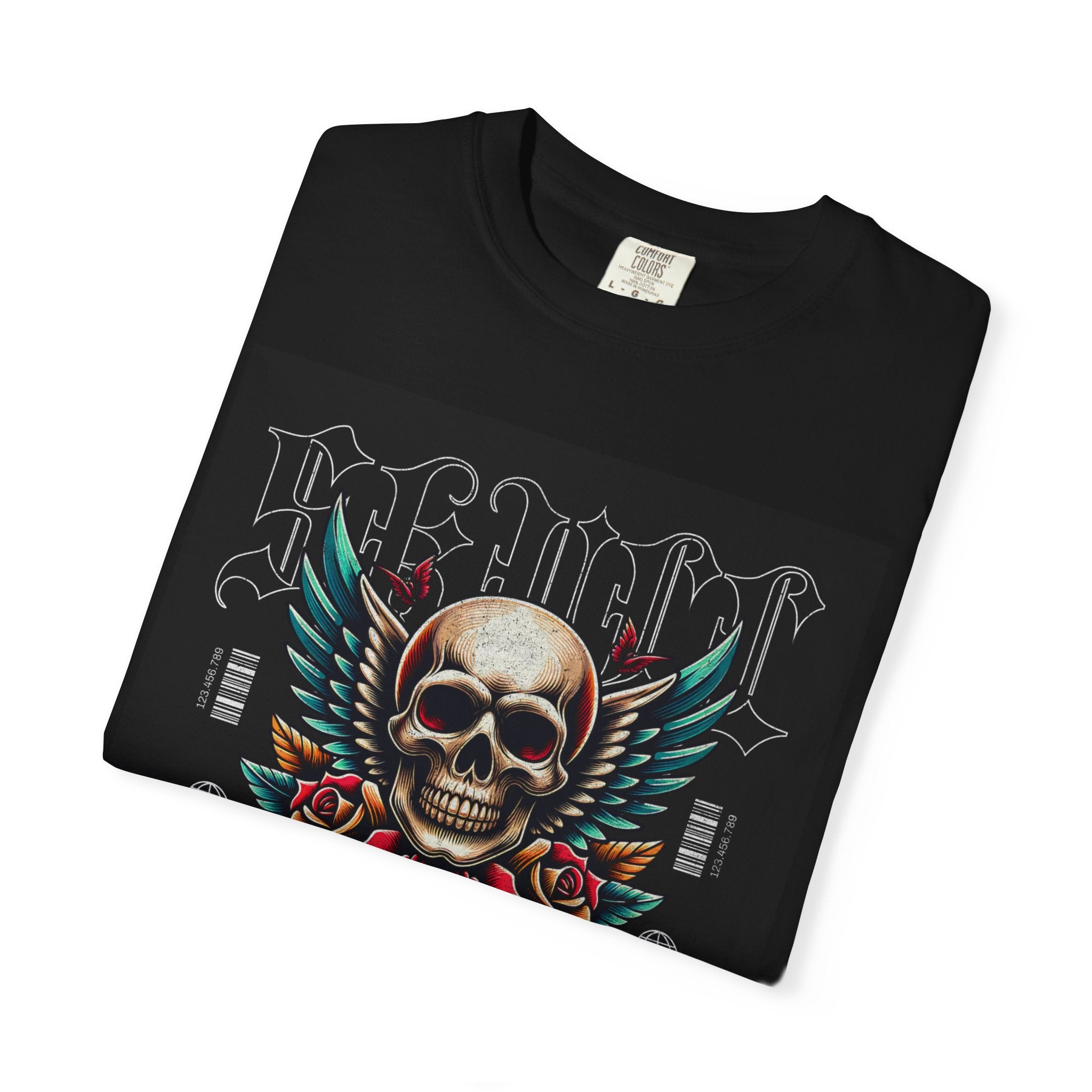 Skull Wings Graphic T-Shirt — Vintage Rock Tattoo Style with Roses