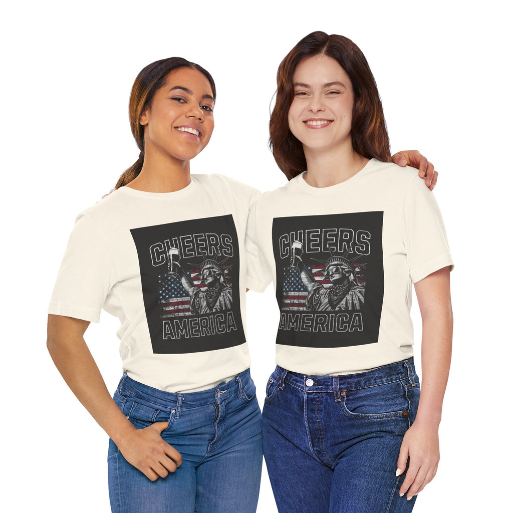 Cheers America T-Shirt — Statue of Liberty Holding Beer & Flag Patriotic Tee