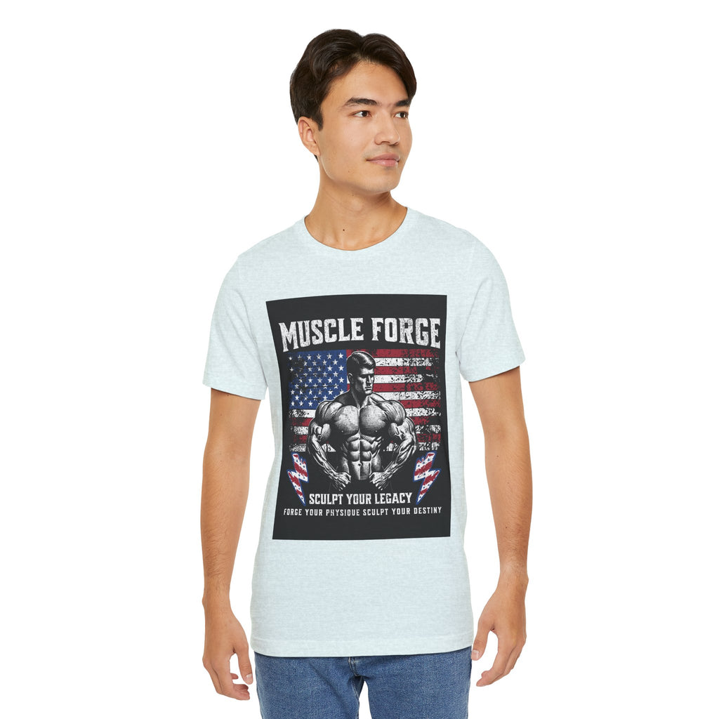Muscle Forge American Flag Gym Tee — "Sculpt Your Legacy" Fitness T-Shirt