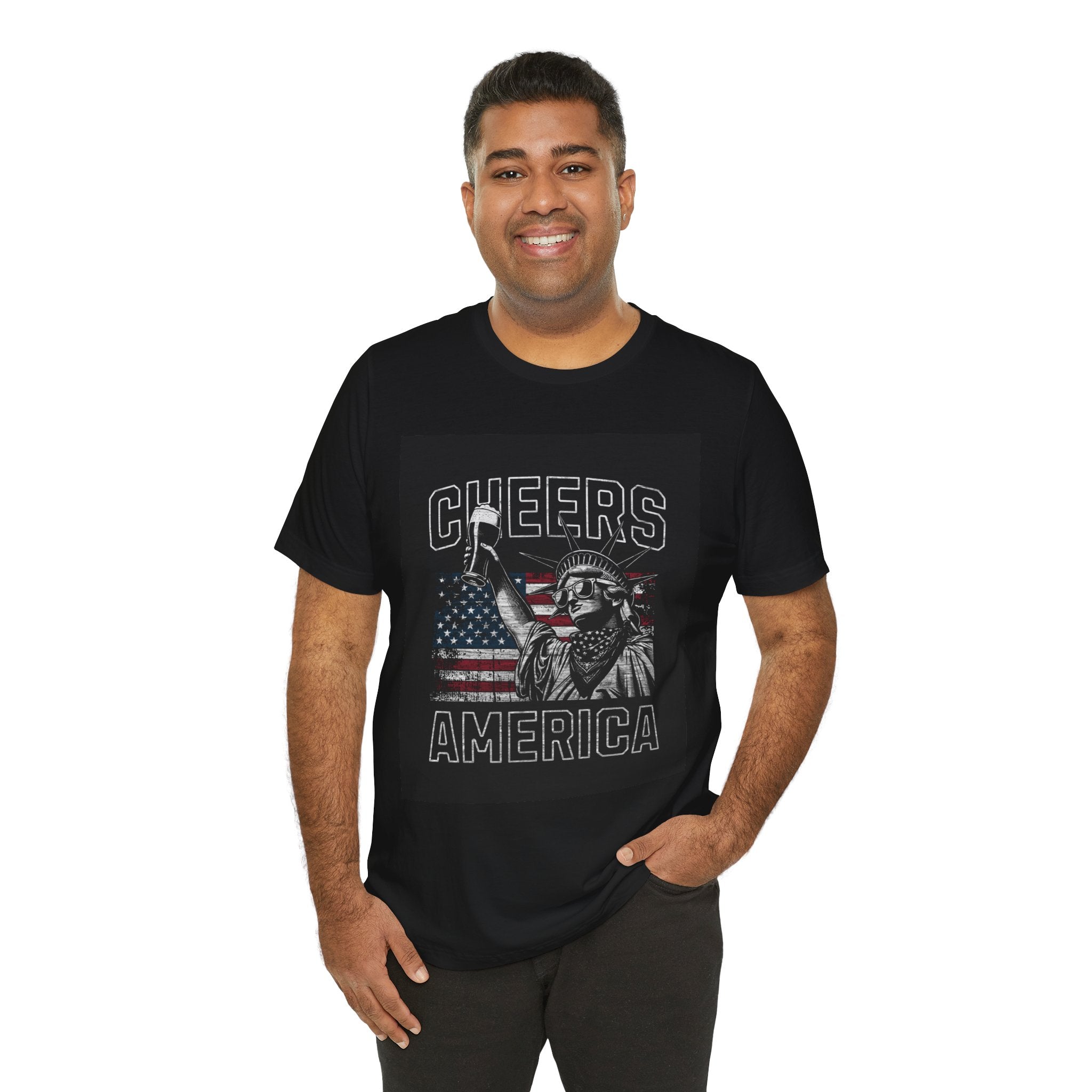 Cheers America T-Shirt — Statue of Liberty Holding Beer & Flag Patriotic Tee
