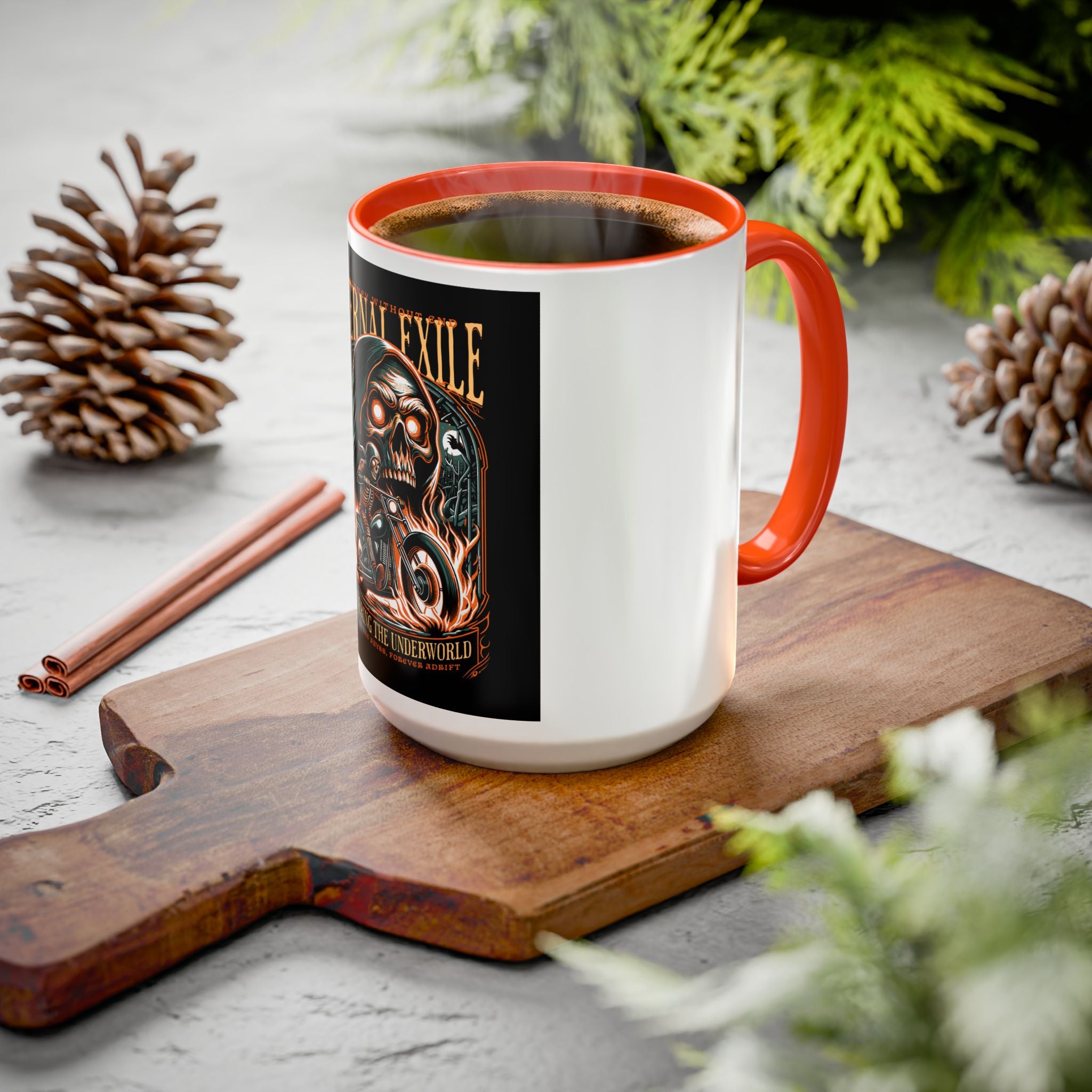 Eternal Exile Skull Biker Mug — Gothic Motorcycle Coffee Cup (11oz/15oz)