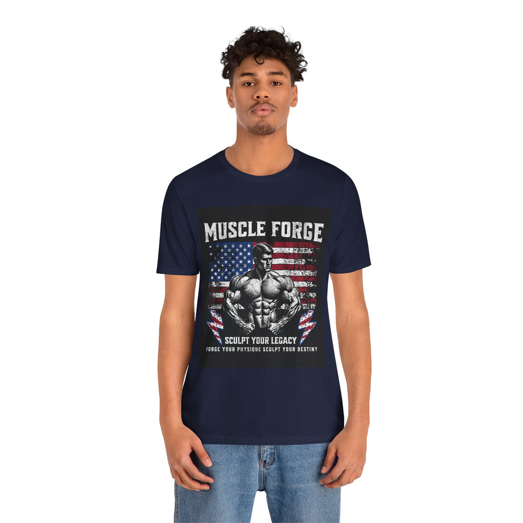 Muscle Forge American Flag Gym Tee — "Sculpt Your Legacy" Fitness T-Shirt