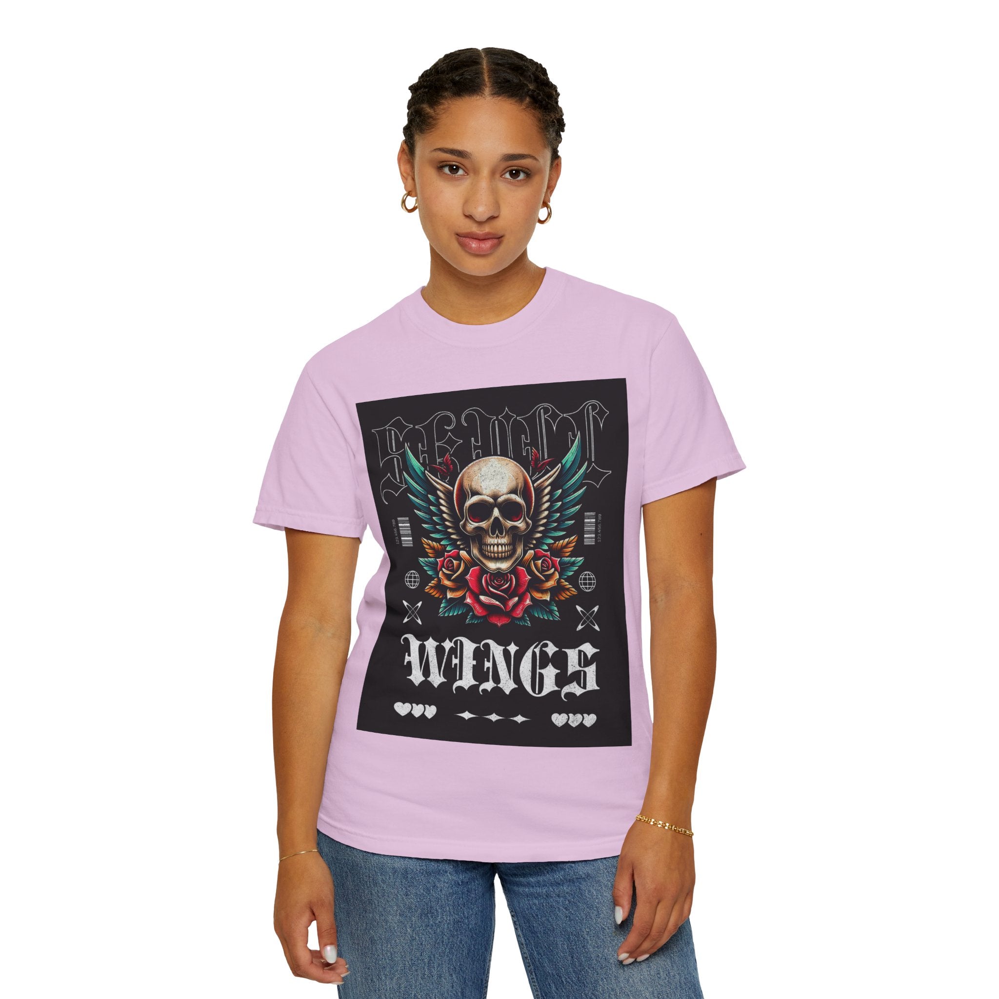 Skull Wings Graphic T-Shirt — Vintage Rock Tattoo Style with Roses