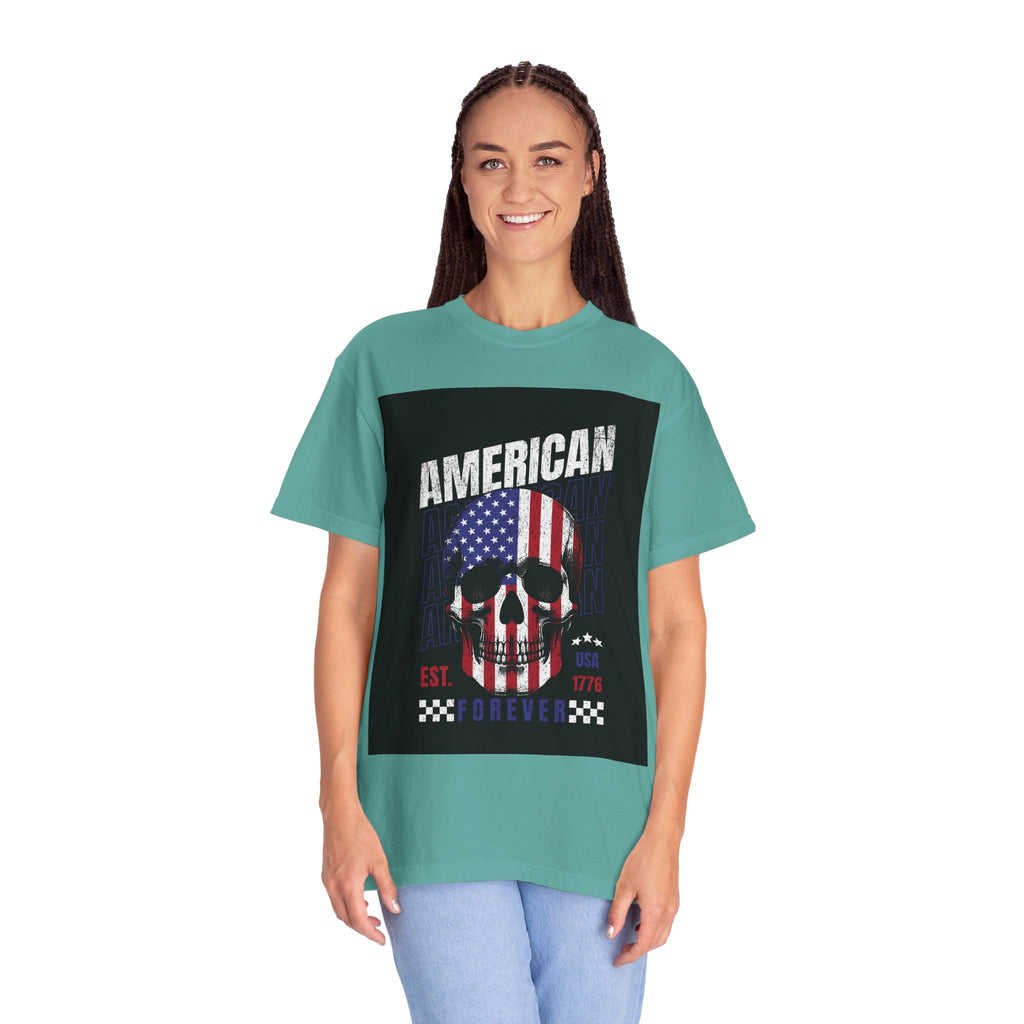 American Skull Flag T-Shirt — "American Forever" Patriotic Graphic Tee