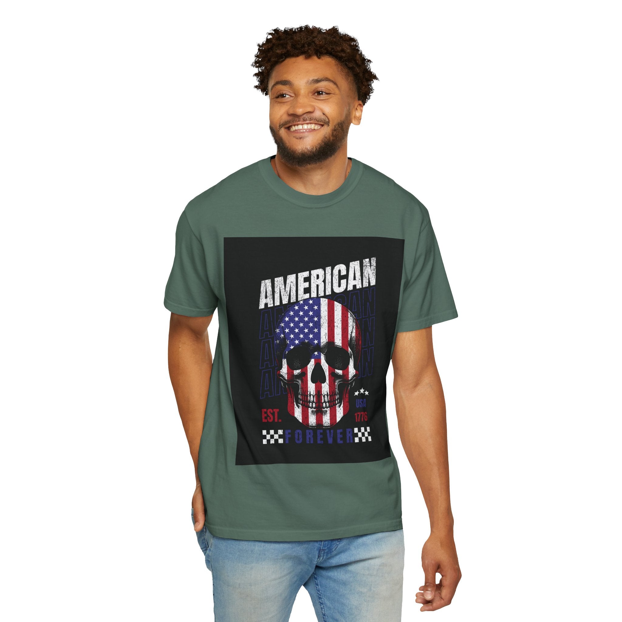 American Skull Flag T-Shirt — "American Forever" Patriotic Graphic Tee
