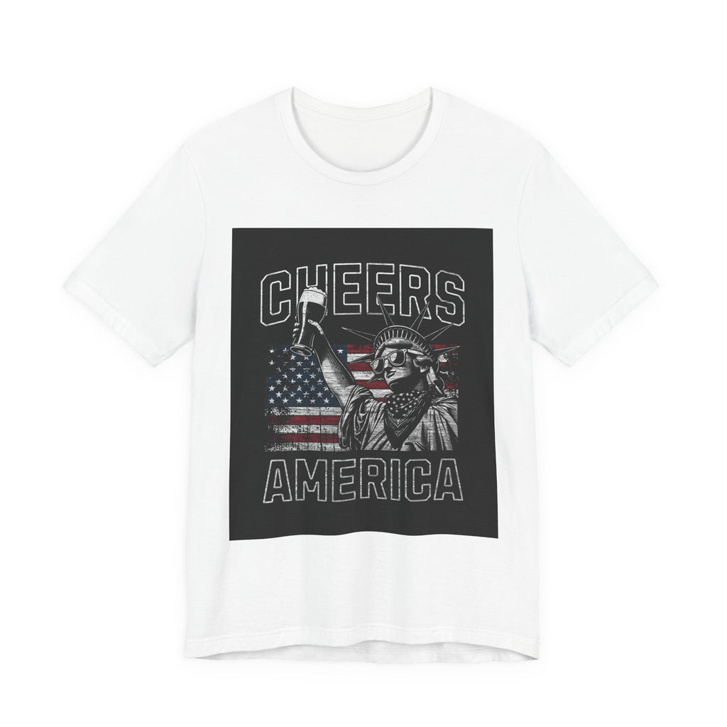 Cheers America T-Shirt — Statue of Liberty Holding Beer & Flag Patriotic Tee