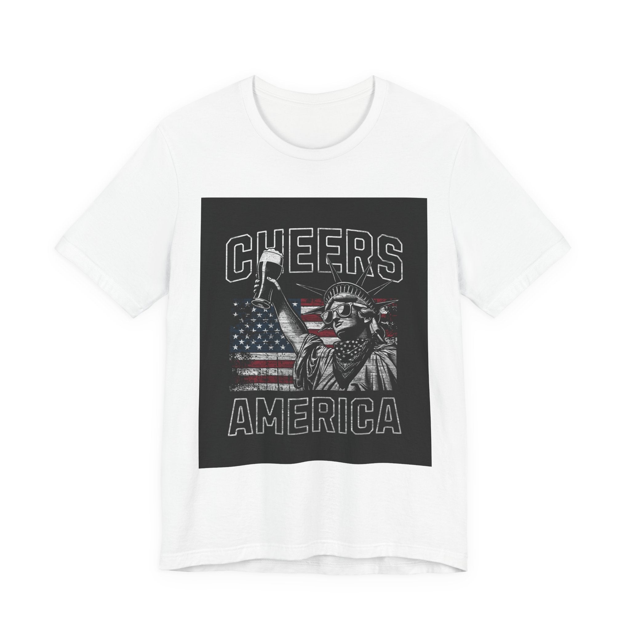 Cheers America T-Shirt — Statue of Liberty Holding Beer & Flag Patriotic Tee