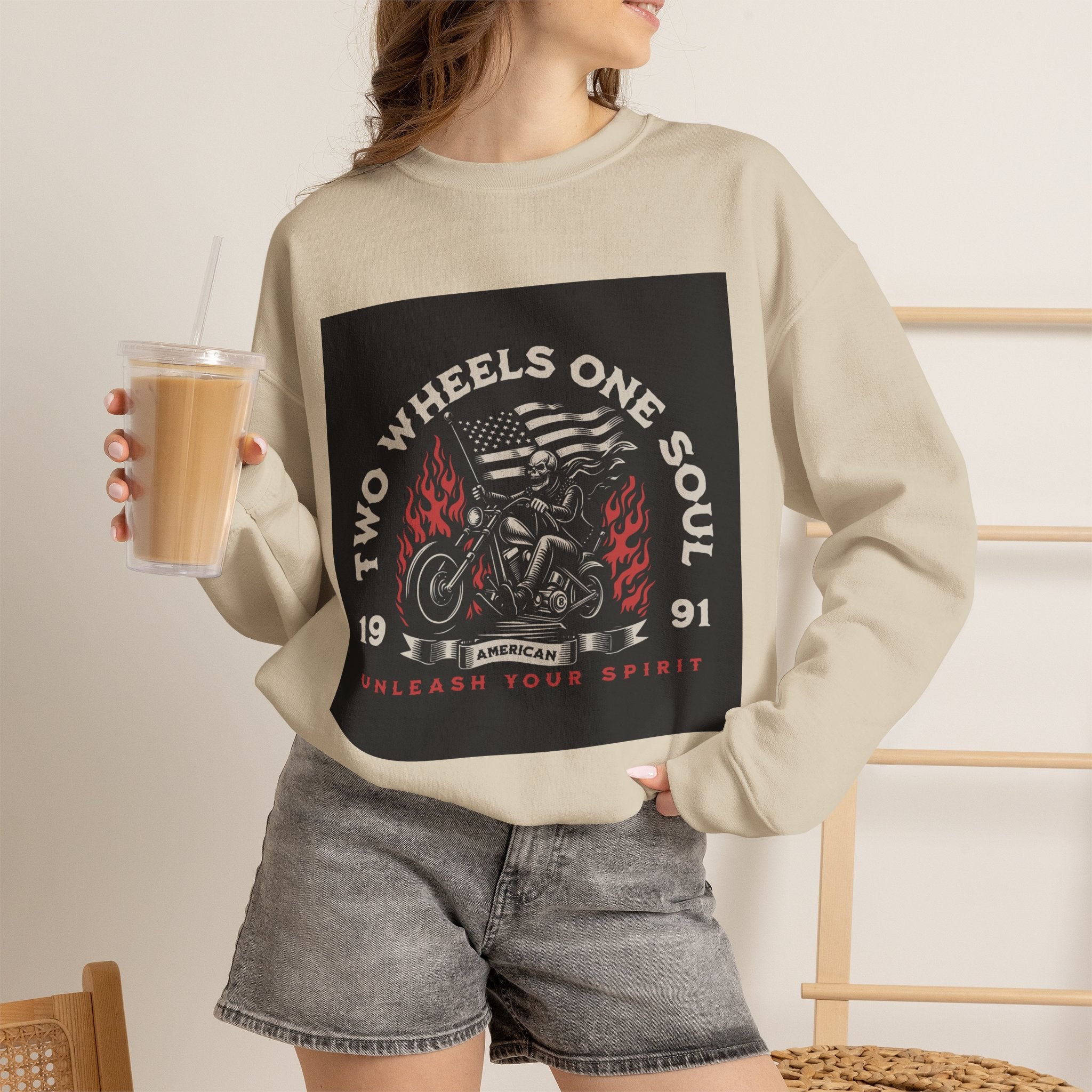 Motorcycle Crewneck Sweatshirt - "Two Wheels One Soul" Vintage Bike Graphic