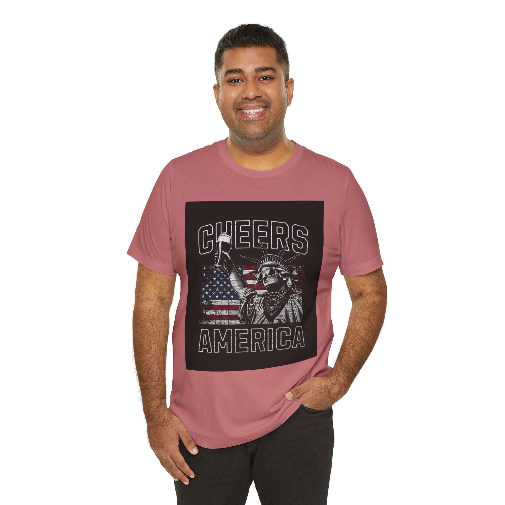 Cheers America T-Shirt — Statue of Liberty Holding Beer & Flag Patriotic Tee