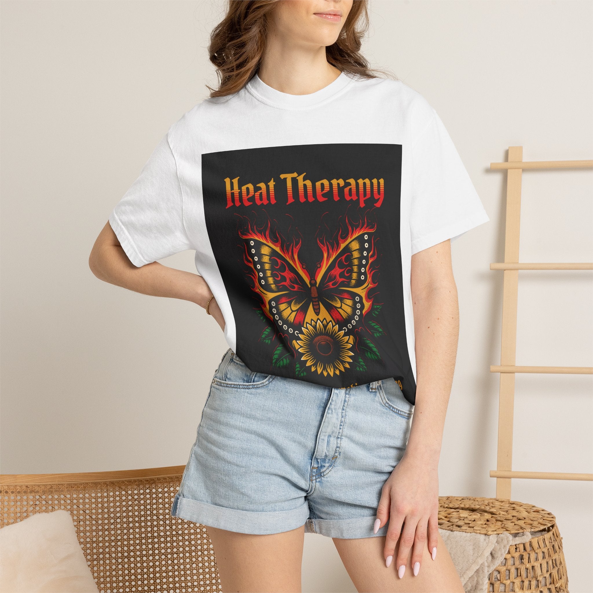 Heat Therapy Butterfly T-Shirt — Retro Floral Sunflower Design