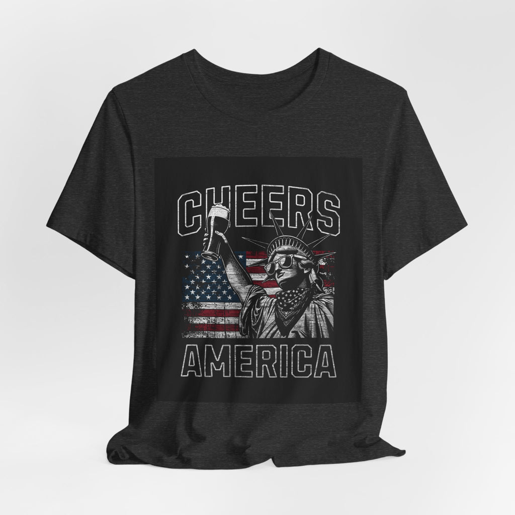 Cheers America T-Shirt — Statue of Liberty Holding Beer & Flag Patriotic Tee